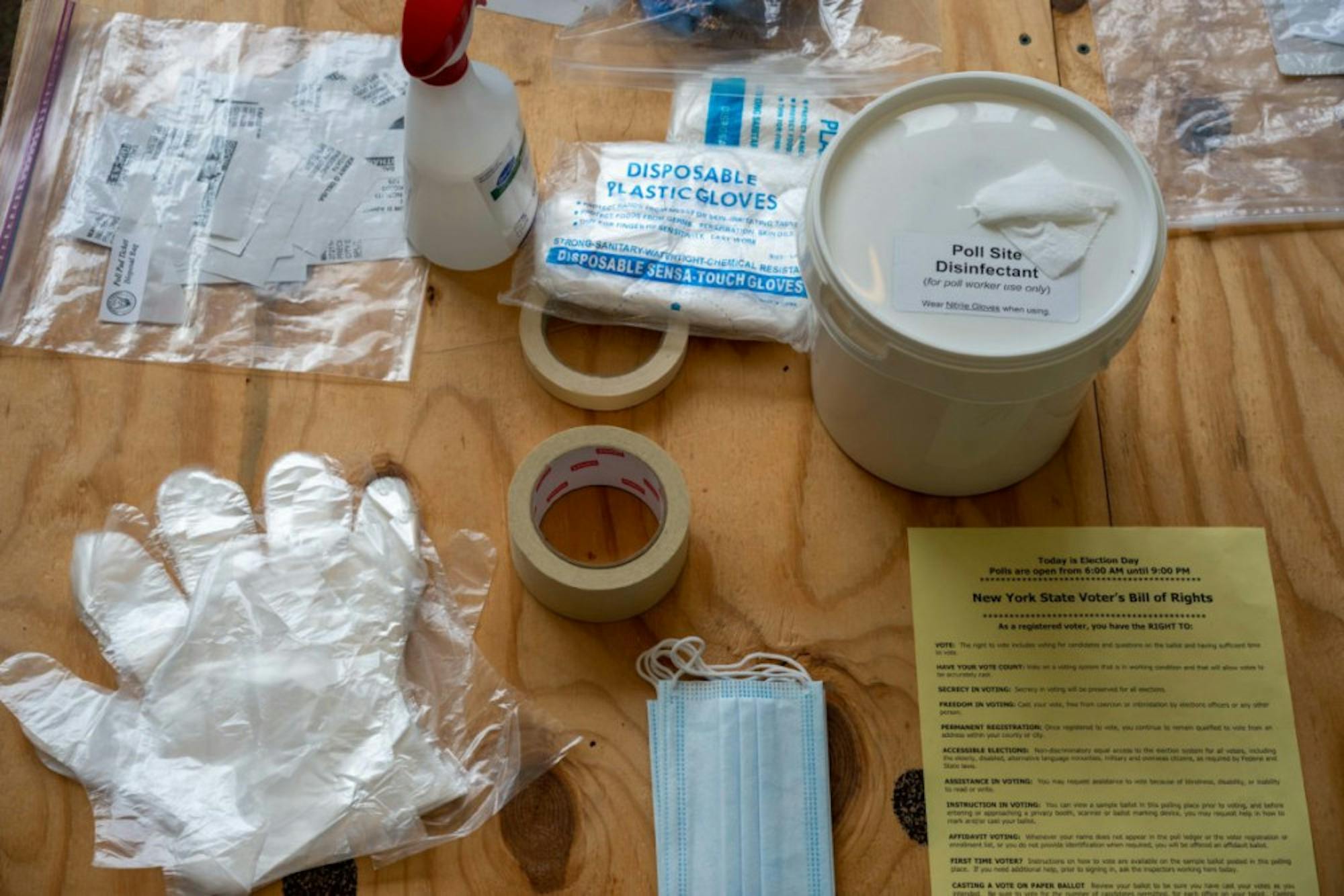 COVID-19 cleaning supplies inside a polling location on Election Day 2020.