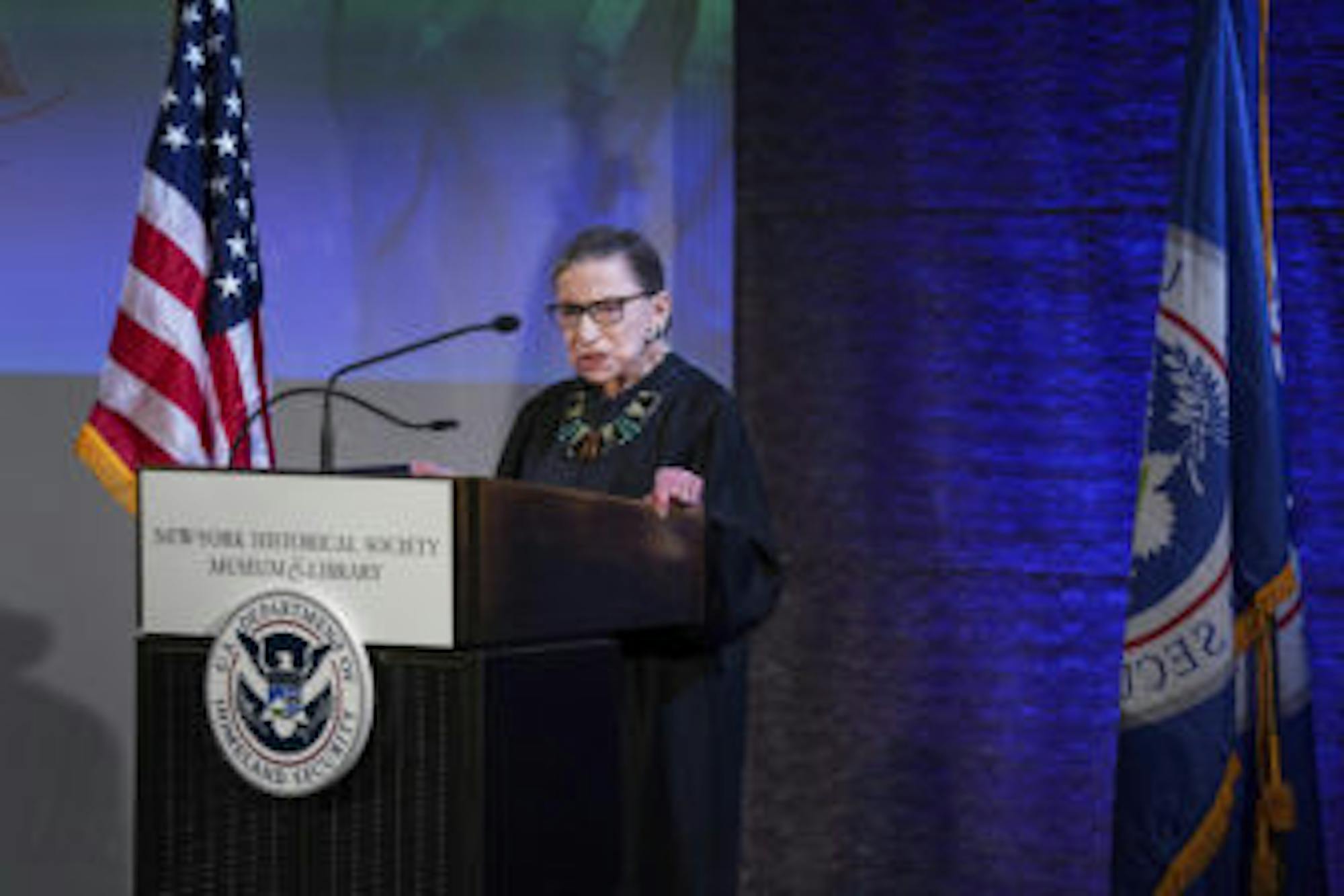Justice Ruth Bader Ginsburg '54 speaks at an event in New York, April 9, 2018. In the last decades of her life, Ginsburg maintained a full schedule while battling cancer five times.