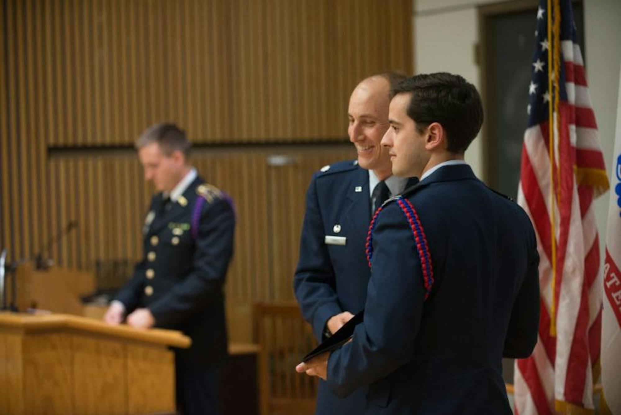 John Pedro '17 at the ROTC Ceremony in Hollis Cornell Auditorium on Tuesday.