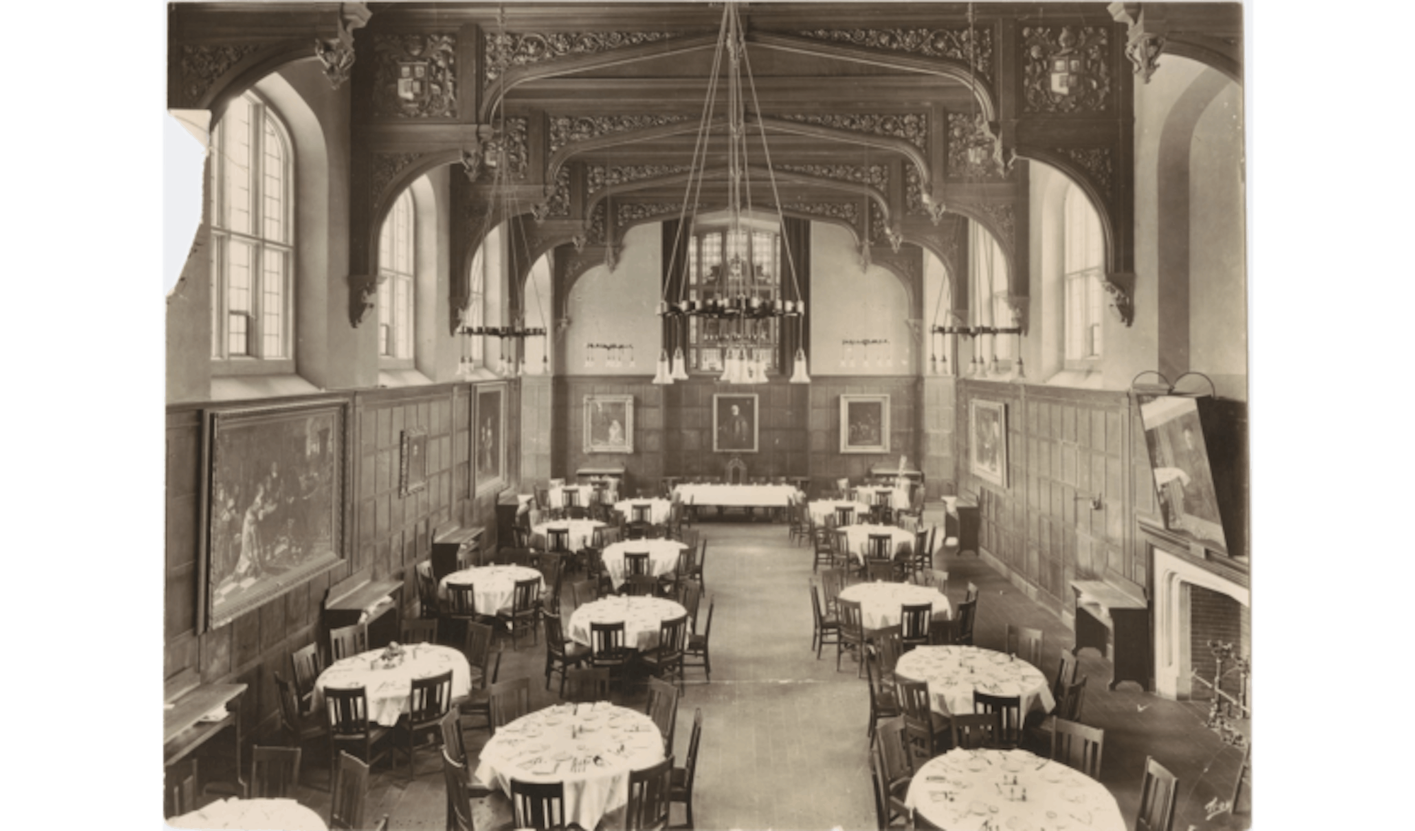 A 1927 picture of Risley's dining hall, which is modeled after a building at Oxford University. At this time, the hall only housed women.