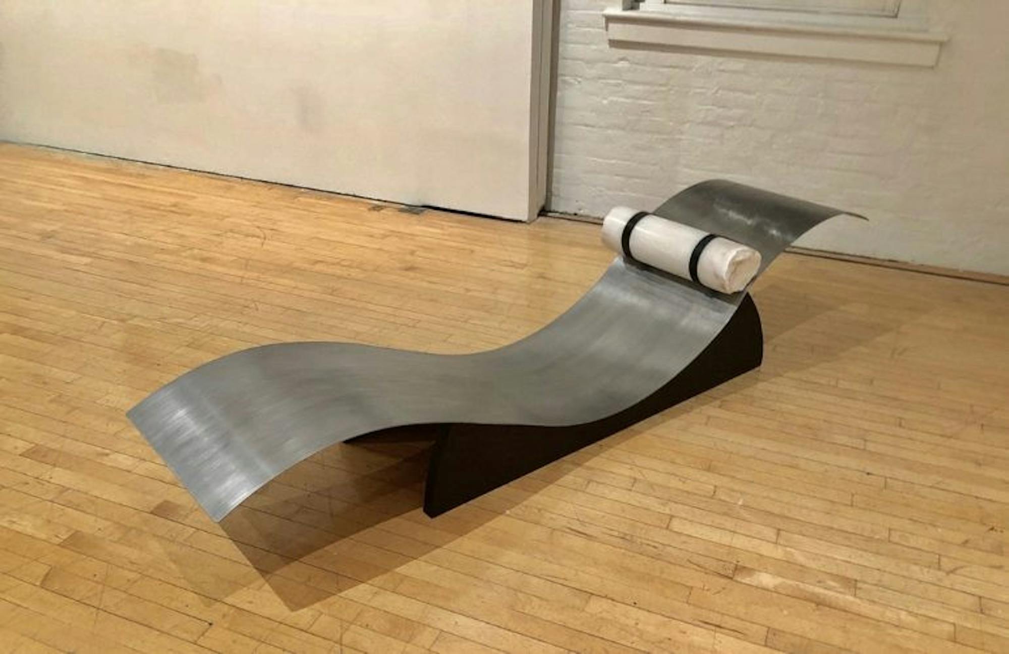 Madison Chalfant, “4 bed,” dimensions variable; repurposed leather, Italian alabaster, ebonized walnut, stainless steel.