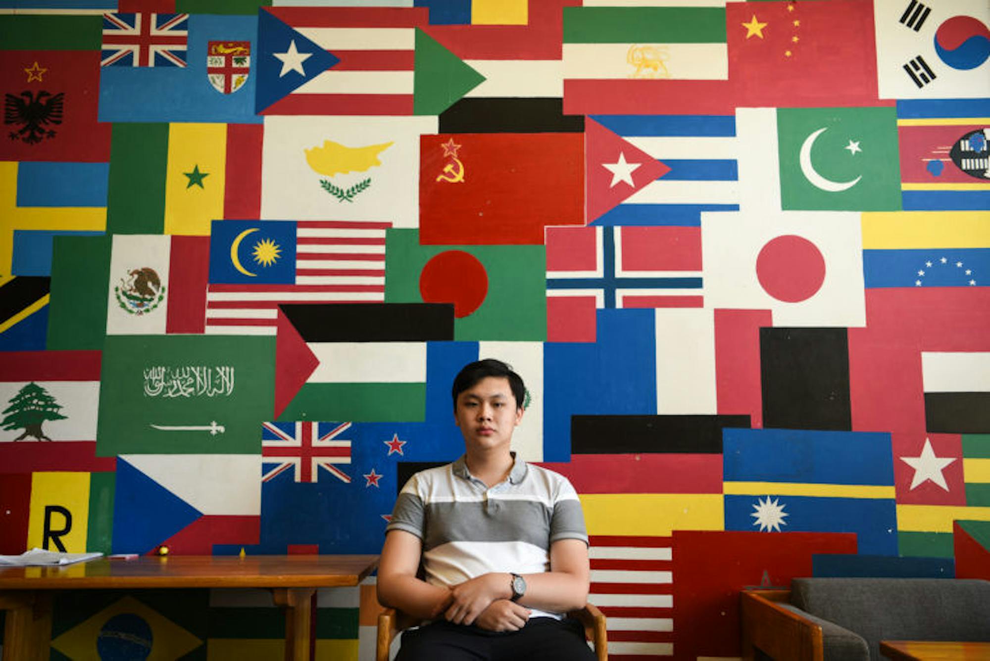 Lin Khant Oo '21, of Yangon, Myanmar, in the common lounge of Holland International Living Center on North Campus.