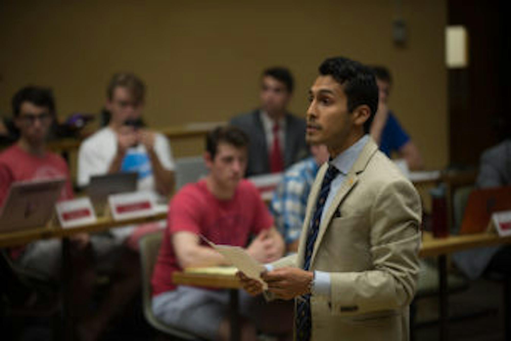 Alec Martinez speaks at a Student Assembly, apologizing for a statement S.A. made Saturday night.