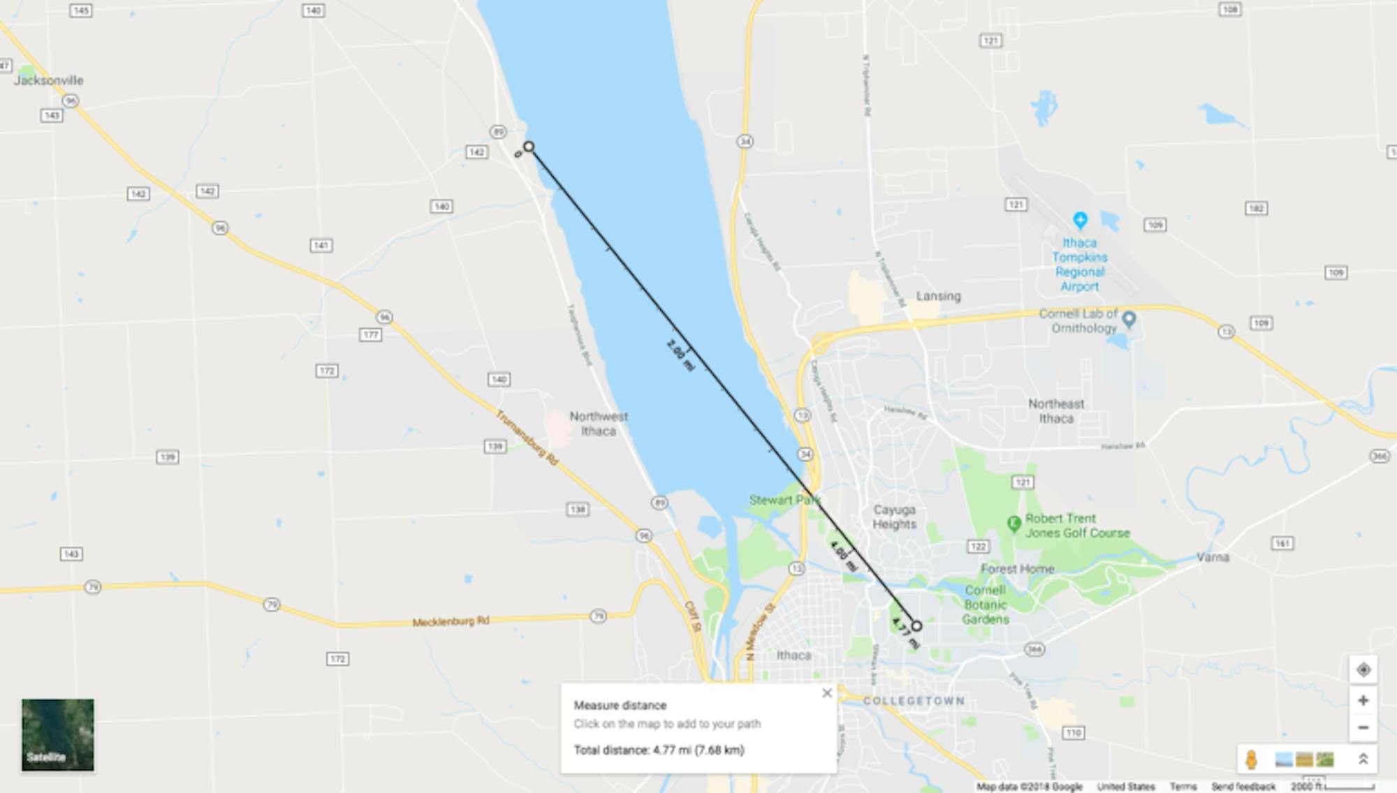 Distance from Day Hall to the nearest location of a confirmed algae bloom.