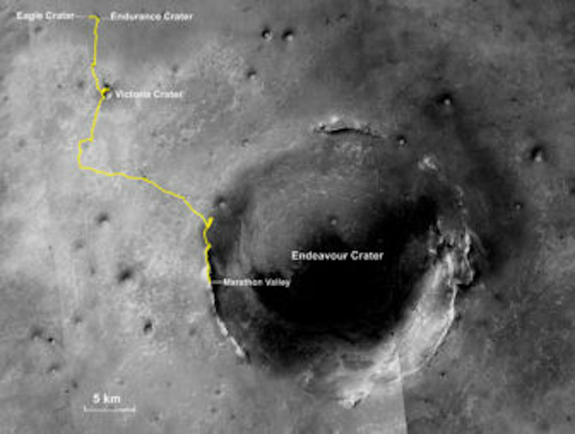 Opportunity's long journey from its landing site near Eagle Crater to the lip of the Endeavor Crater.