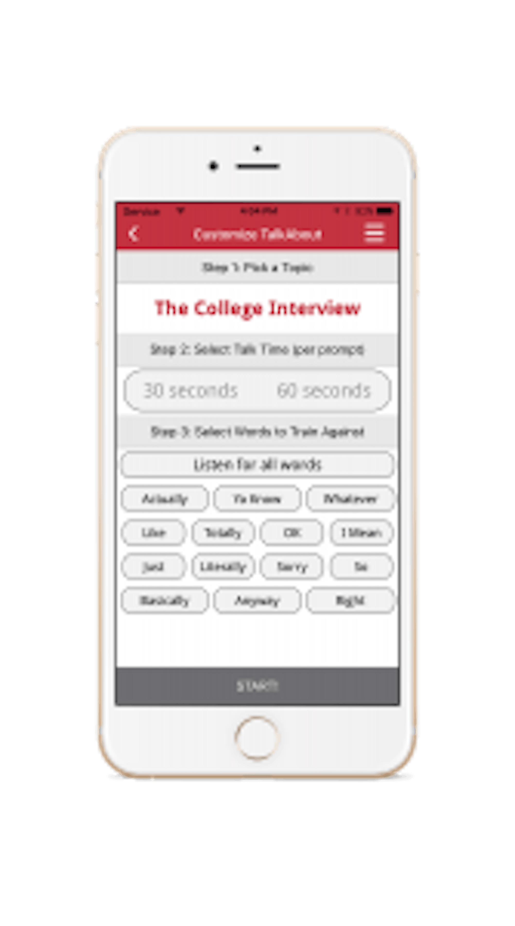 Users of the app can choose from a selection of common filler words to train against.