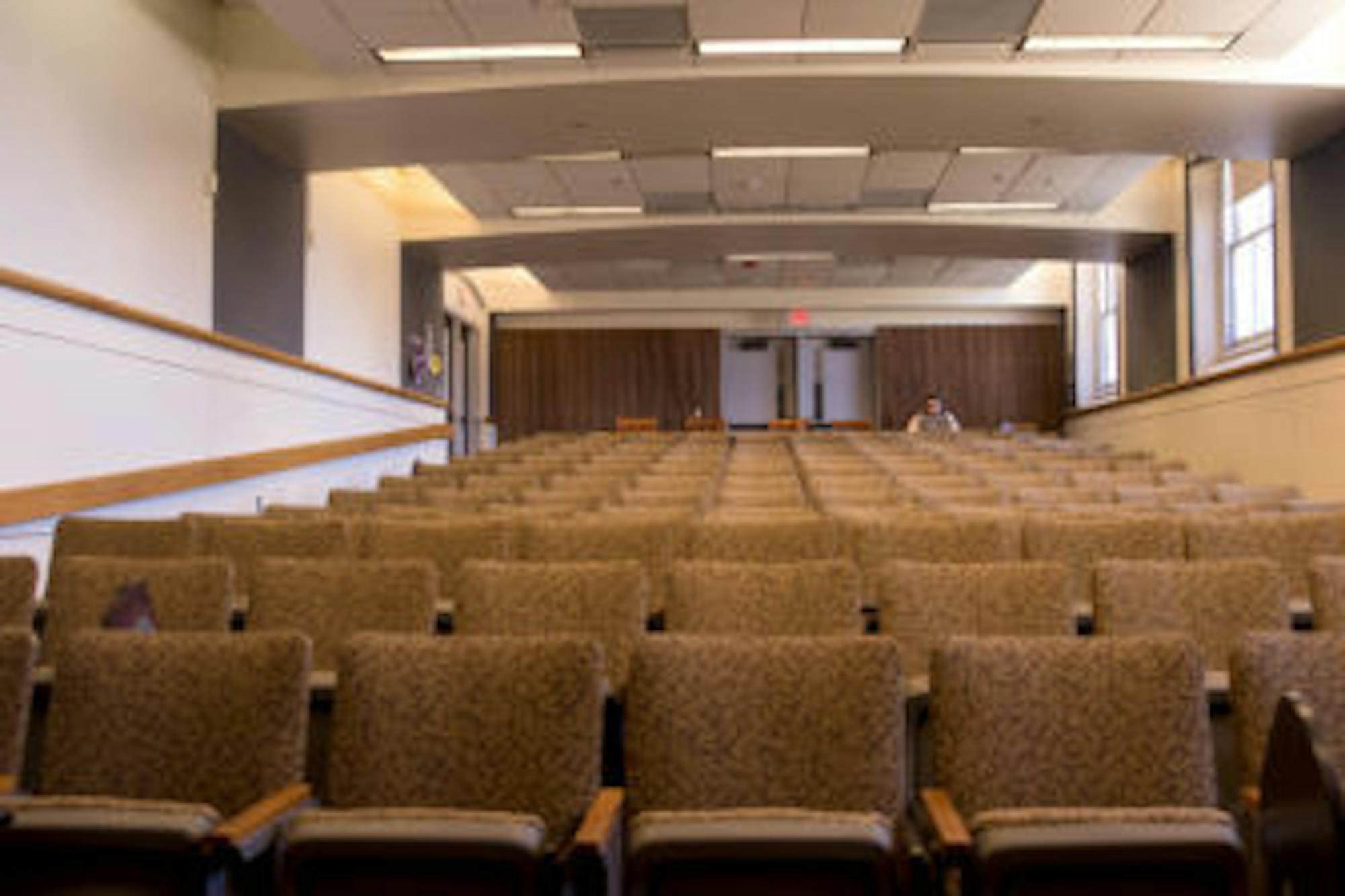 An empty lecture hall in Goldwin Smith Hall. Droves of students left campus once President Martha E. Pollack in-person classes during the spring semester.