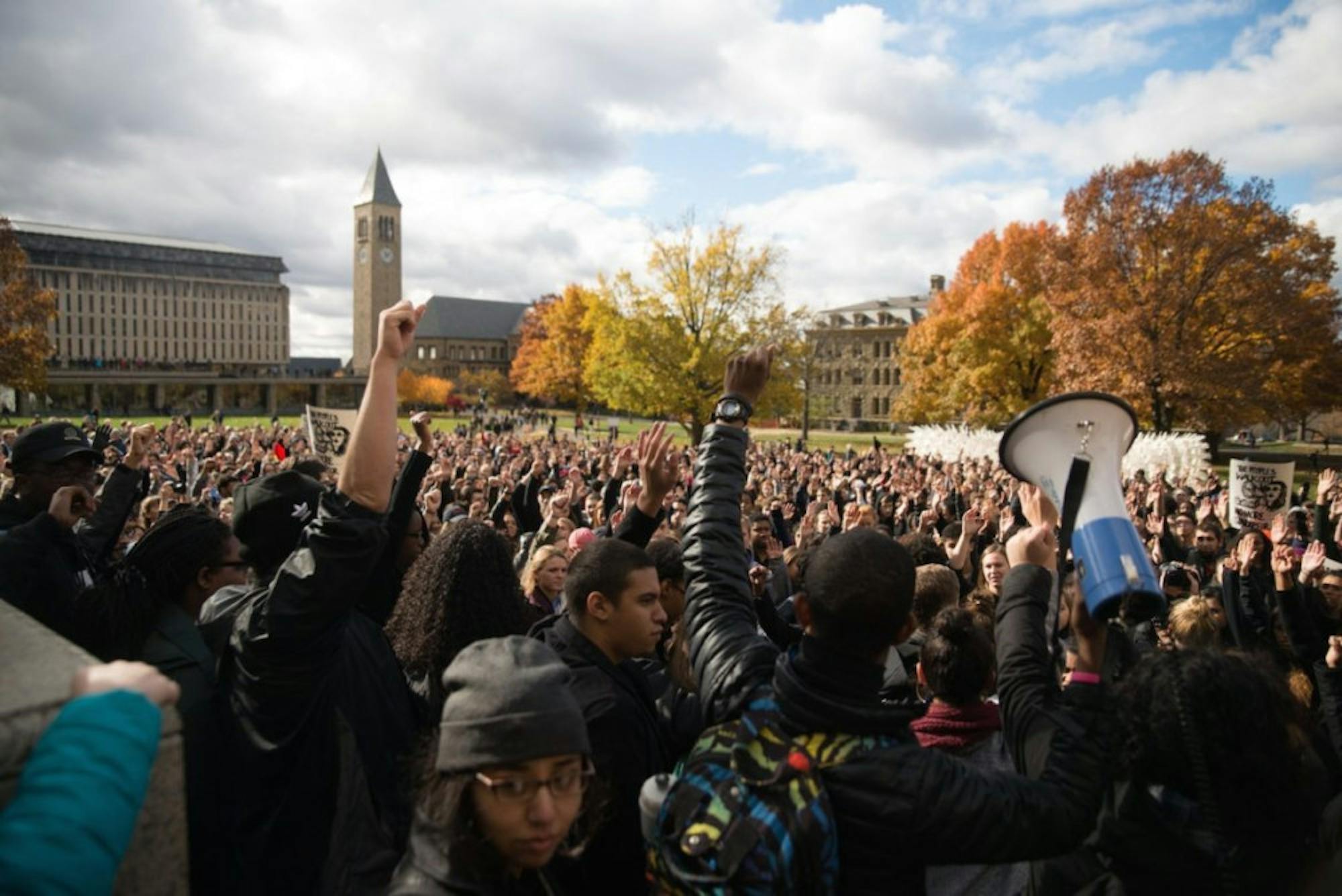 Students congregated on the Arts Quad after Trump's 2016 win.