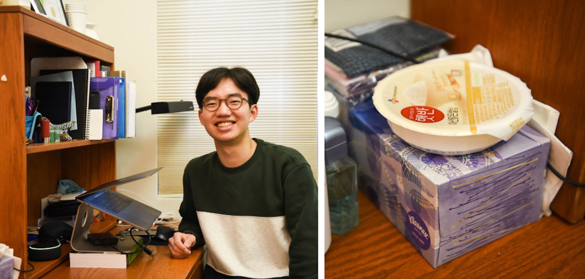 Jaewon Sim '21, of Seoul, South Korea, in his dorm room. Pictured right: one of the microwavable rice packs he brought from home.