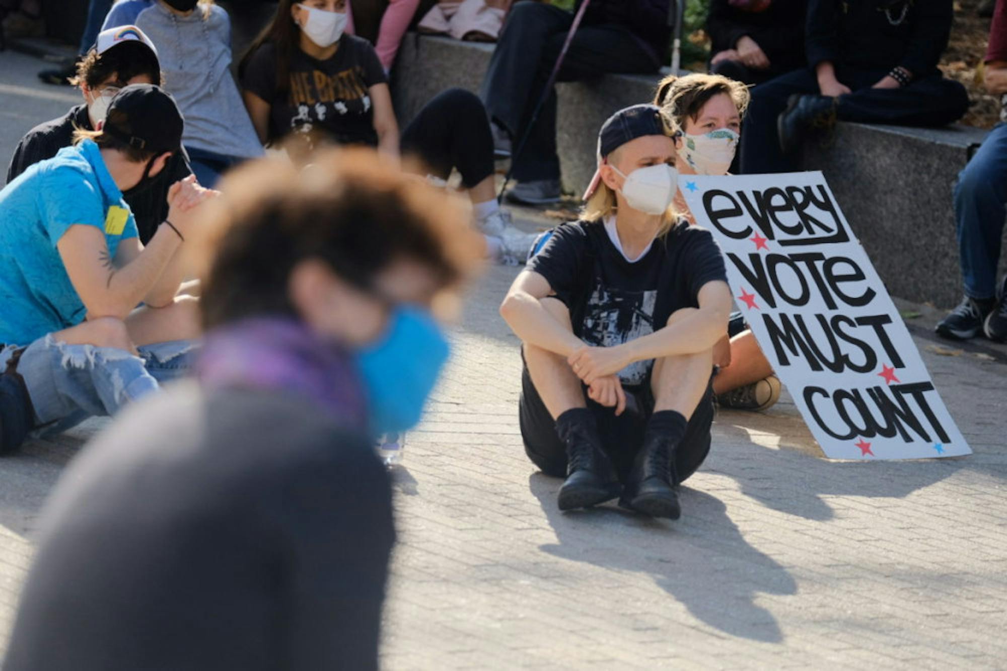Ithacans gather at Bernie Milton Pavilion for a “Protect the Ballot Count” protest-turned-celebration.