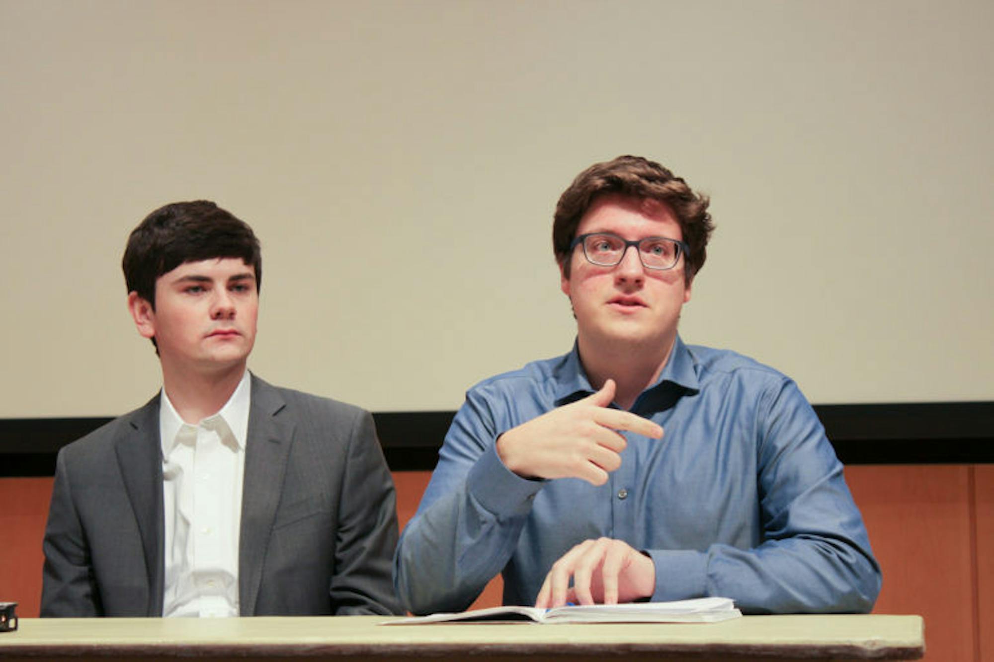 S.A. presidential candidate Dale Barbaria ’19 (right) and Joseph Anderson '20, who's running for executive vice president.