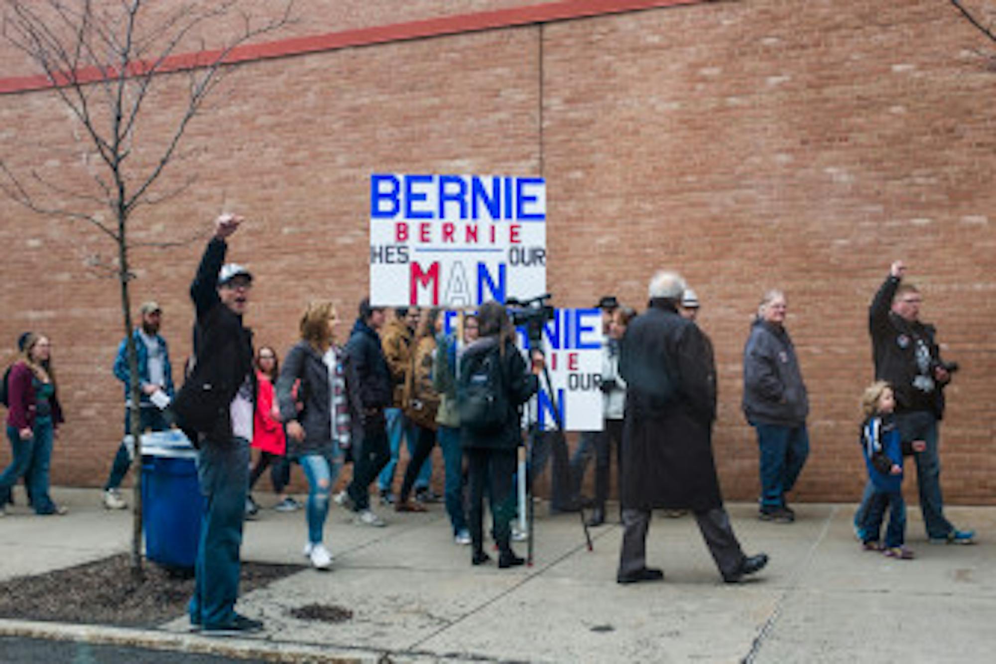 Supporters wait in line to enter the Oncenter in Syracuse to hear Sanders speak on Tuesday.