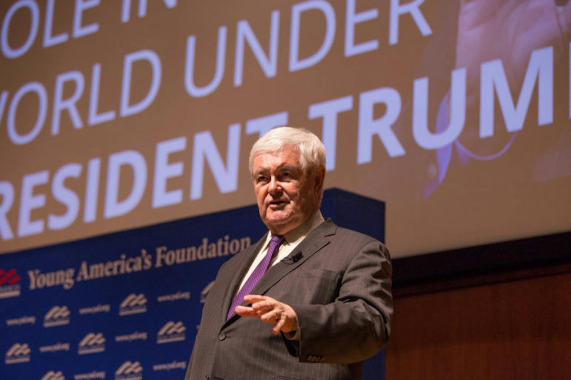 Gingrich responds to an audience question following an uninterrupted lecture.