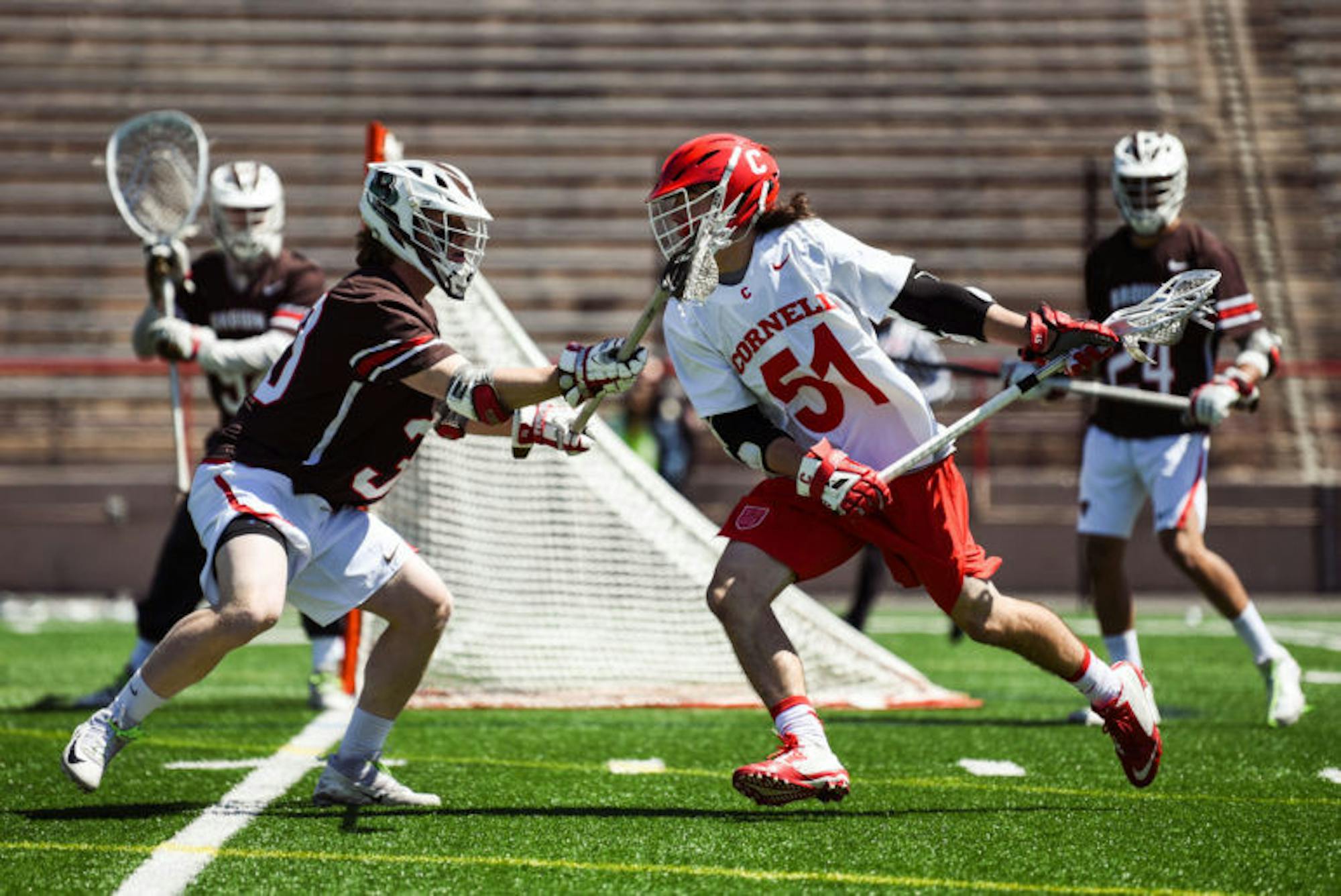 Sophomore attack Jeff Teat scored his fifth 10-point game on two goals and eight assists, tying him with Mike French '76 for the most 10-point games in Cornell history.