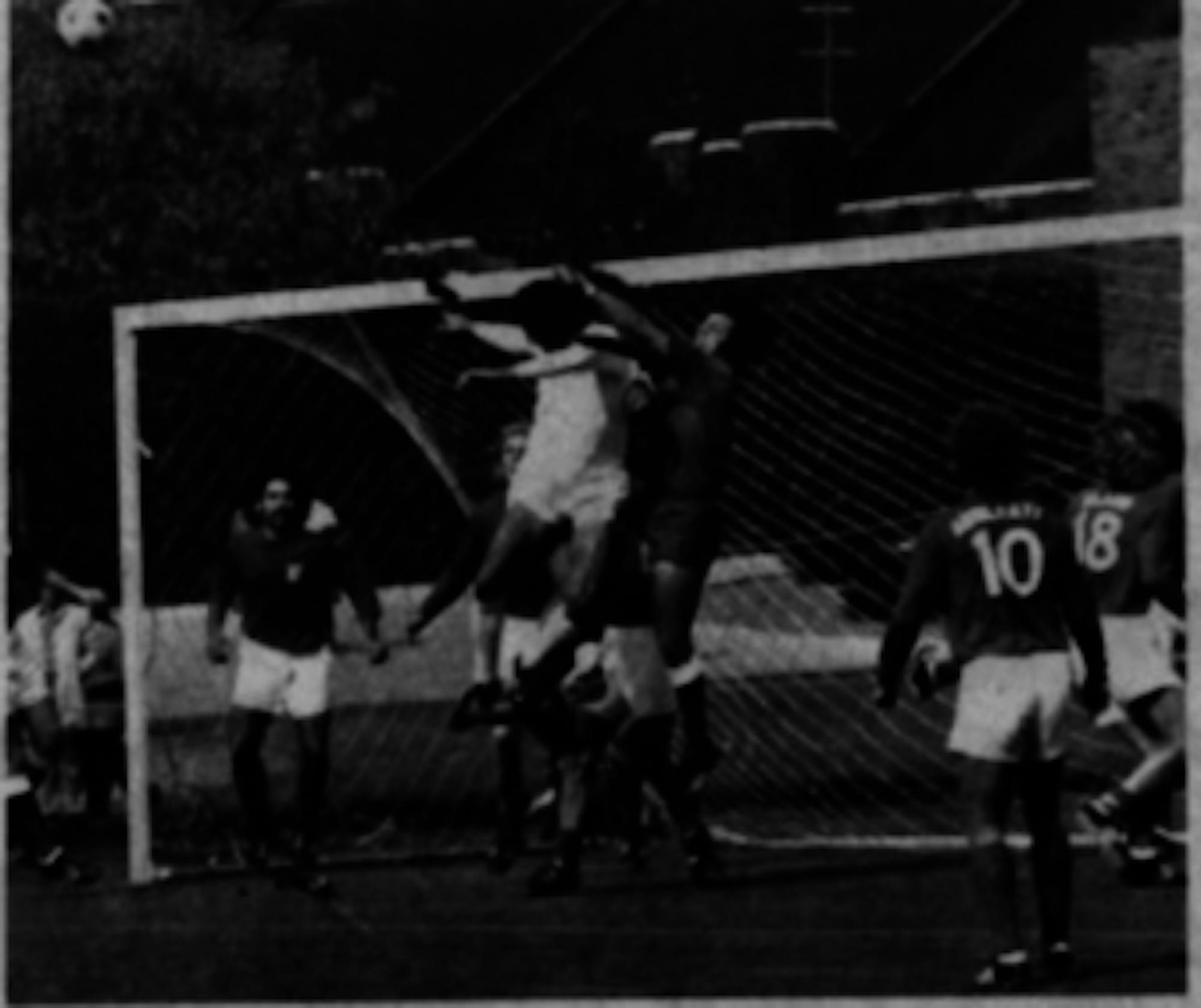 Bruce Arena '73 (goalie) makes a leaping save against Penn in 1972.