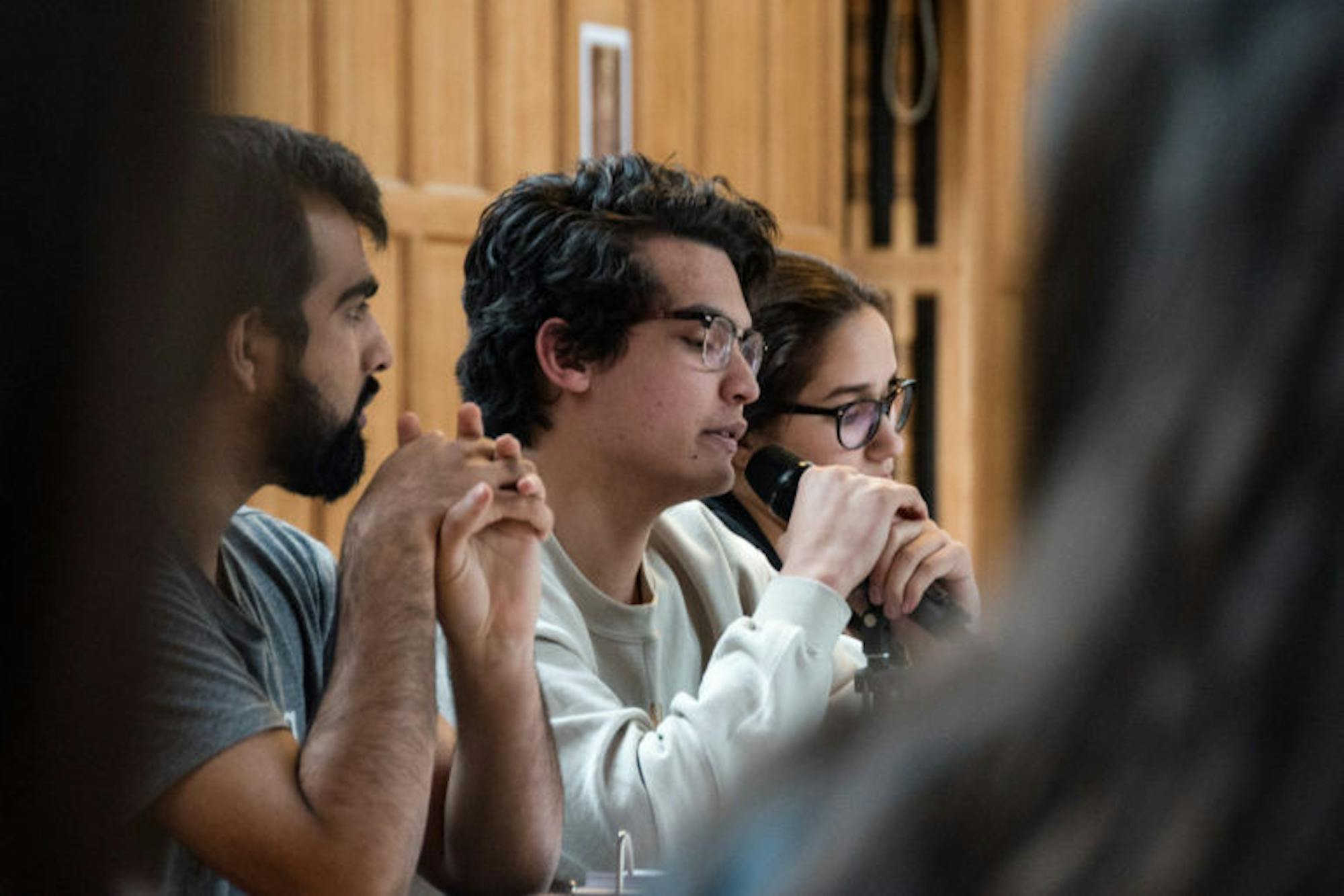 Marco Peralta-Ochoa, Freshmen Representative At-Large, speaks at the Student Assembly meeting on Thursday, during which the SA passed a resolution opposing the potential merger of the School of Industrial and Labor Relations and the College of Human Ecology.