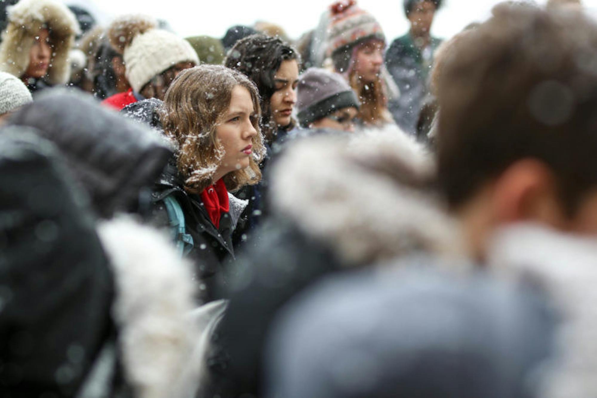 Despite the heavy snow, students gathered at the Arts Quad on Wednesday to protest against gun violence.