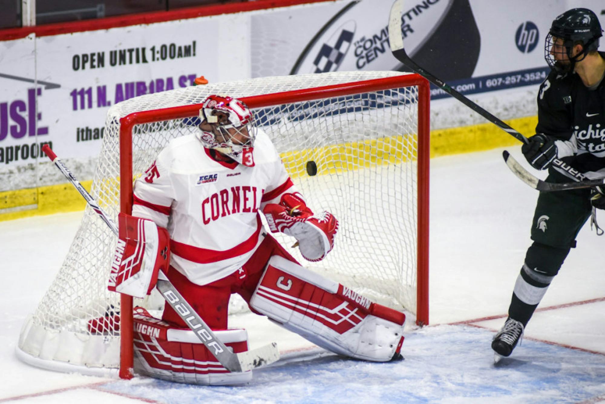 Sophomore goaltender Matt Galajda was pulled from his first two games, but looked better heading into winter break.