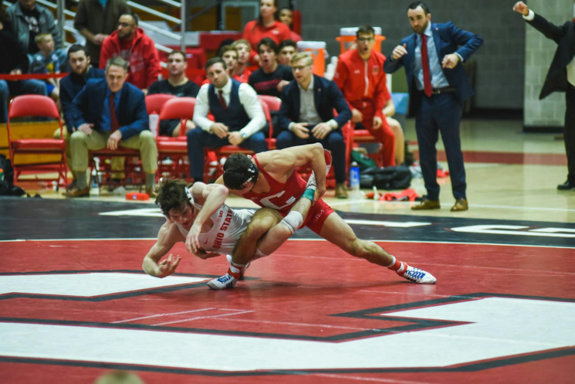 No. 1 Yianni Diakomihalis scores a takedown on Ohio State's No. 3 Joey McKenna.