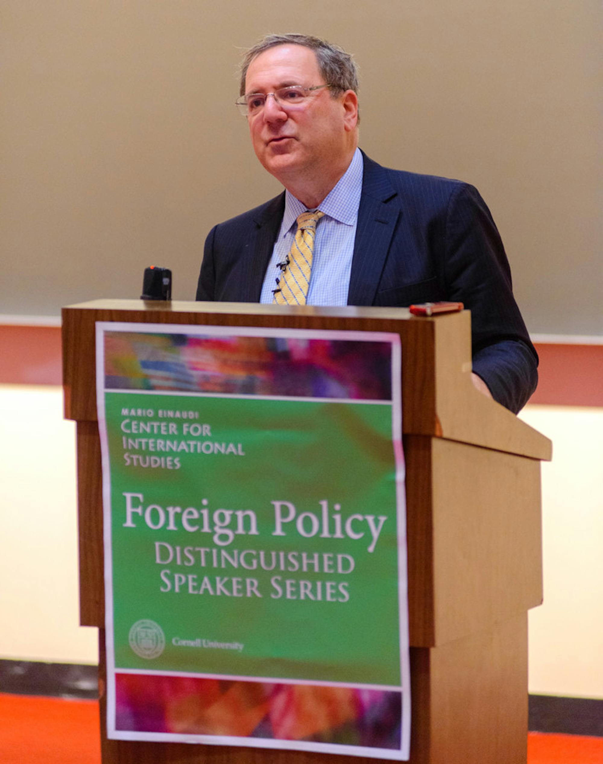 Prof. David Sanger, government, discusses Obama Administration foreign policy in Uris Hall Tuesday (David Navadeh / Sun Staff Photographer).