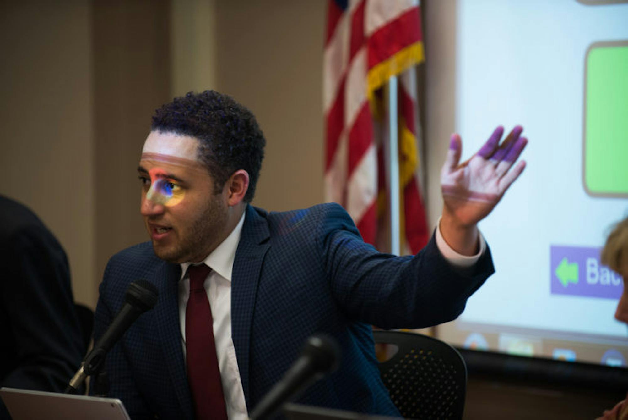 Svante Myrick, mayor of Ithaca, speaks at the Common Council meeting on Wednesday, Nov. 1, to hear the final verdict on the Chacona Block’s historical designation. (Cameron Pollack/ Sun Photography Editor)