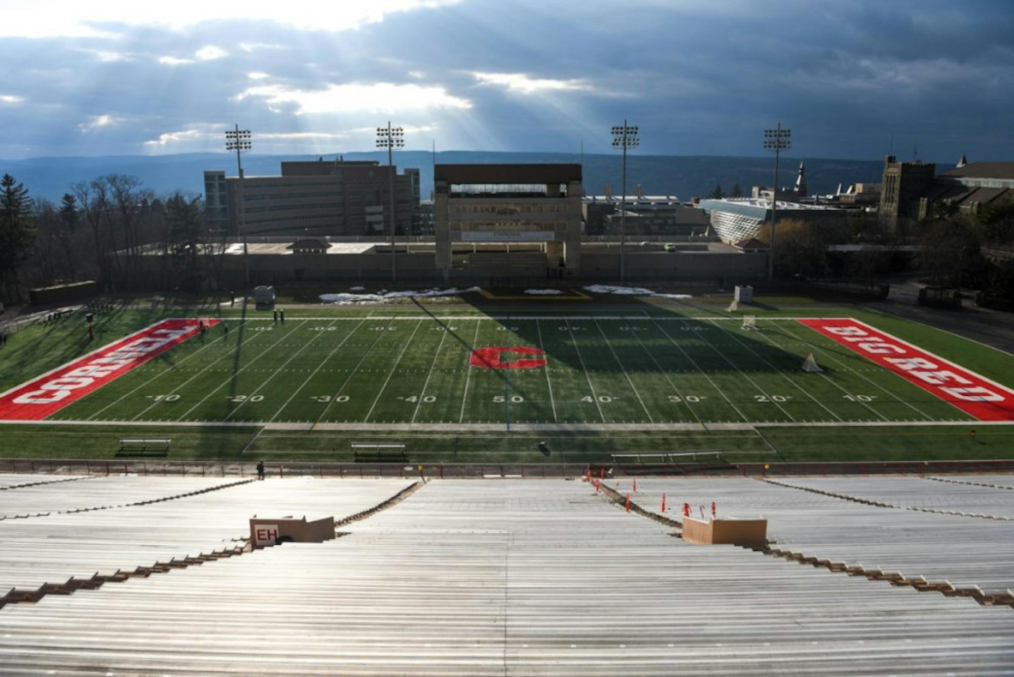An empty Schoellkopf Field on March 17, 2020. Plans for a commencement ceremony are still in the air, as the COVID-19 pandemic develops.