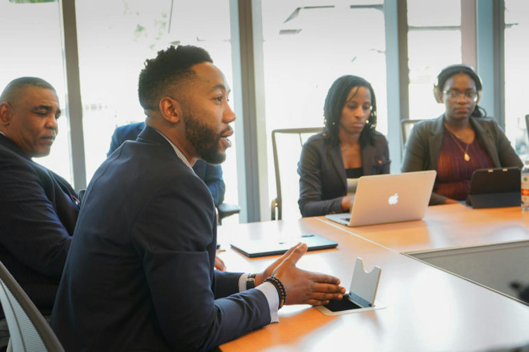 On Friday, Ndaba Mandela, chairman and co-founder of the Africa Rising Foundation, led a roundtable discussion at the Breazzano Family Center to commemorate the 100th anniversary of his grandfather Nelson Mandela’s birth. (Jing Jiang / Sun Staff Photographer)