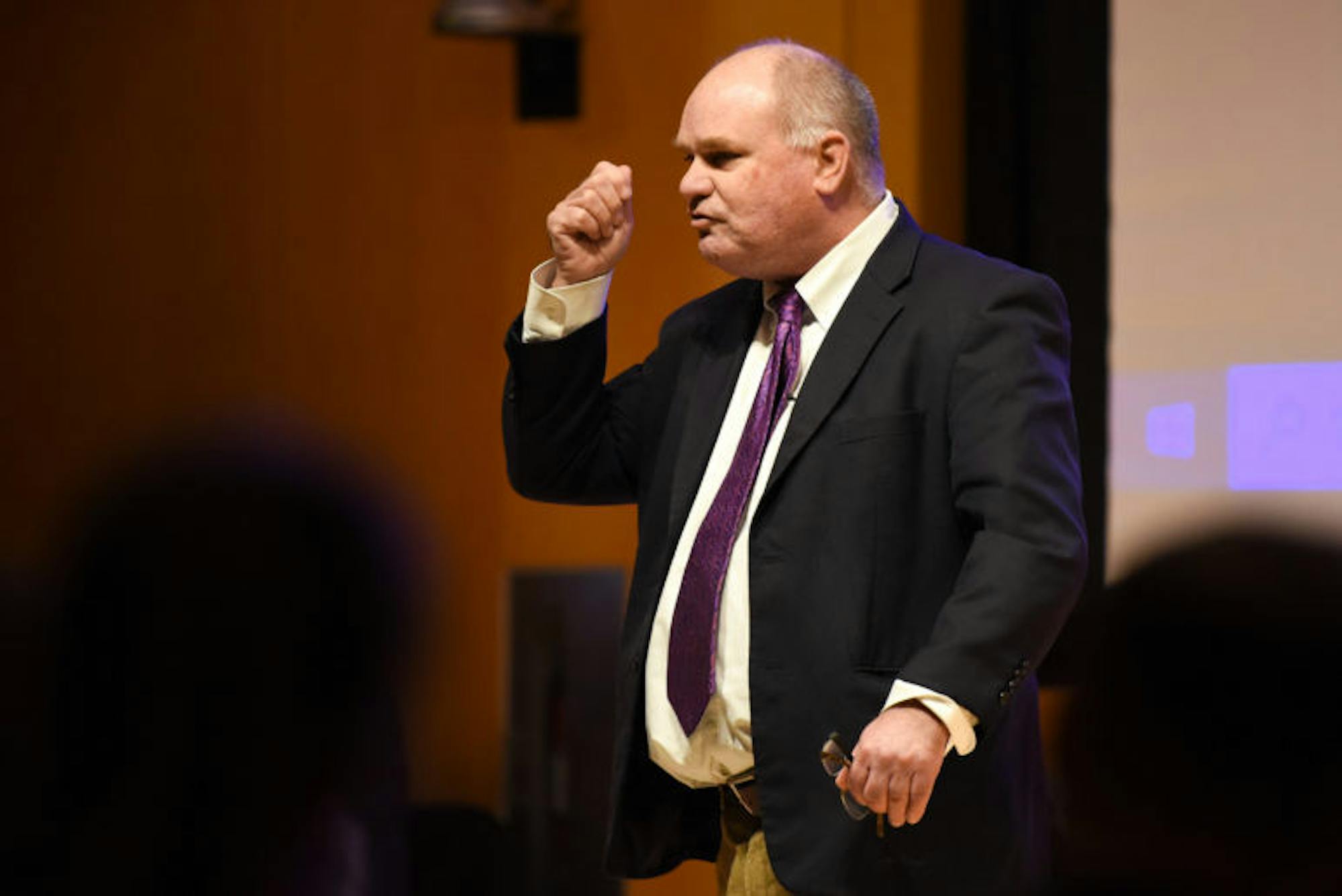 Prof. Samuel Nelson, industrial and labor relations, argues in favor of not preserving any subject at the Apocalypse Debate at Klarman Hall on November 5th, 2019. (Boris Tsang/Sun Photography Editor)