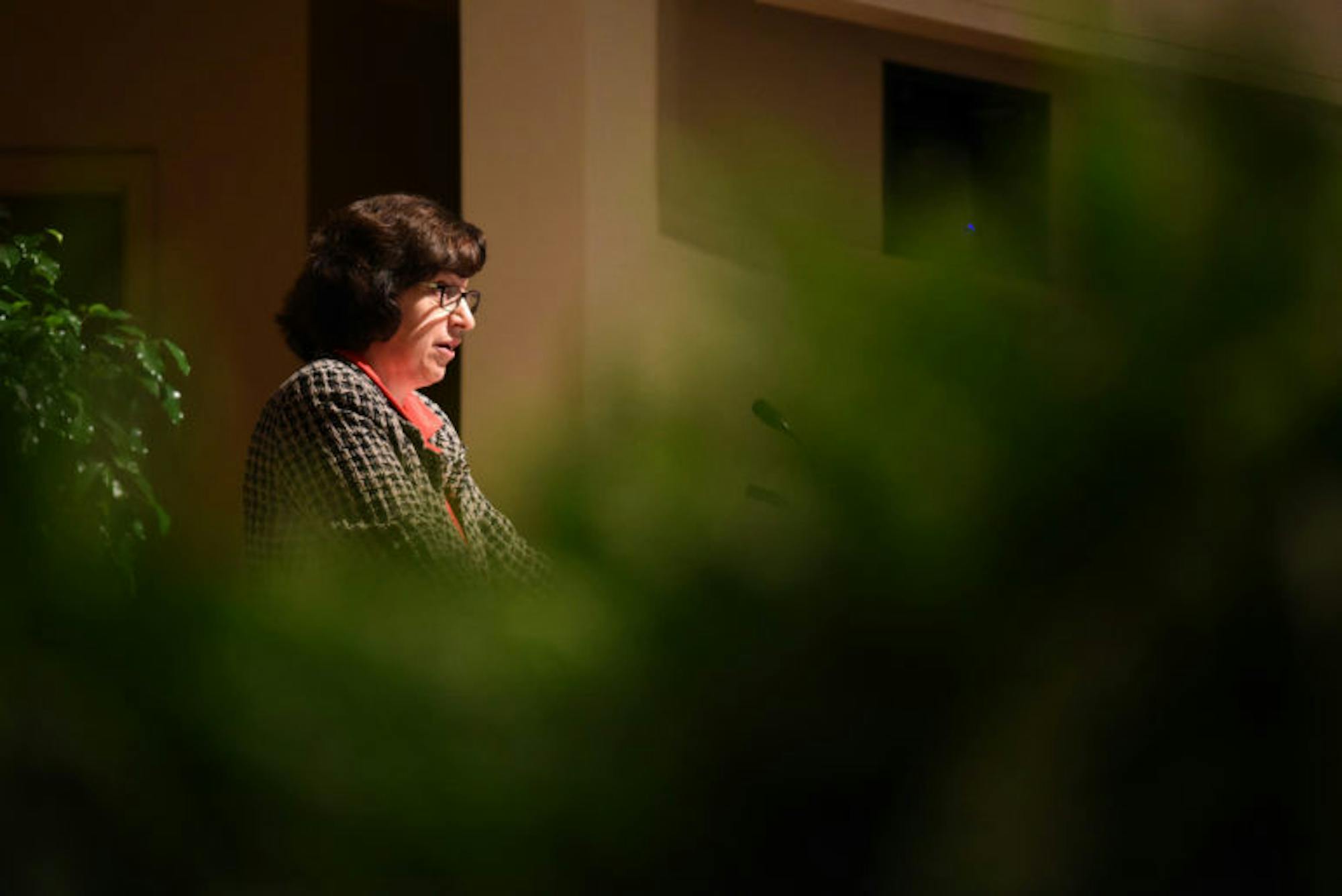 President Martha E. Pollack delivers the State of the University Address as part of Cornell's Trustee-Council Annual Meeting on Friday. (Boris Tsang / Sun Assistant Photography Editor)