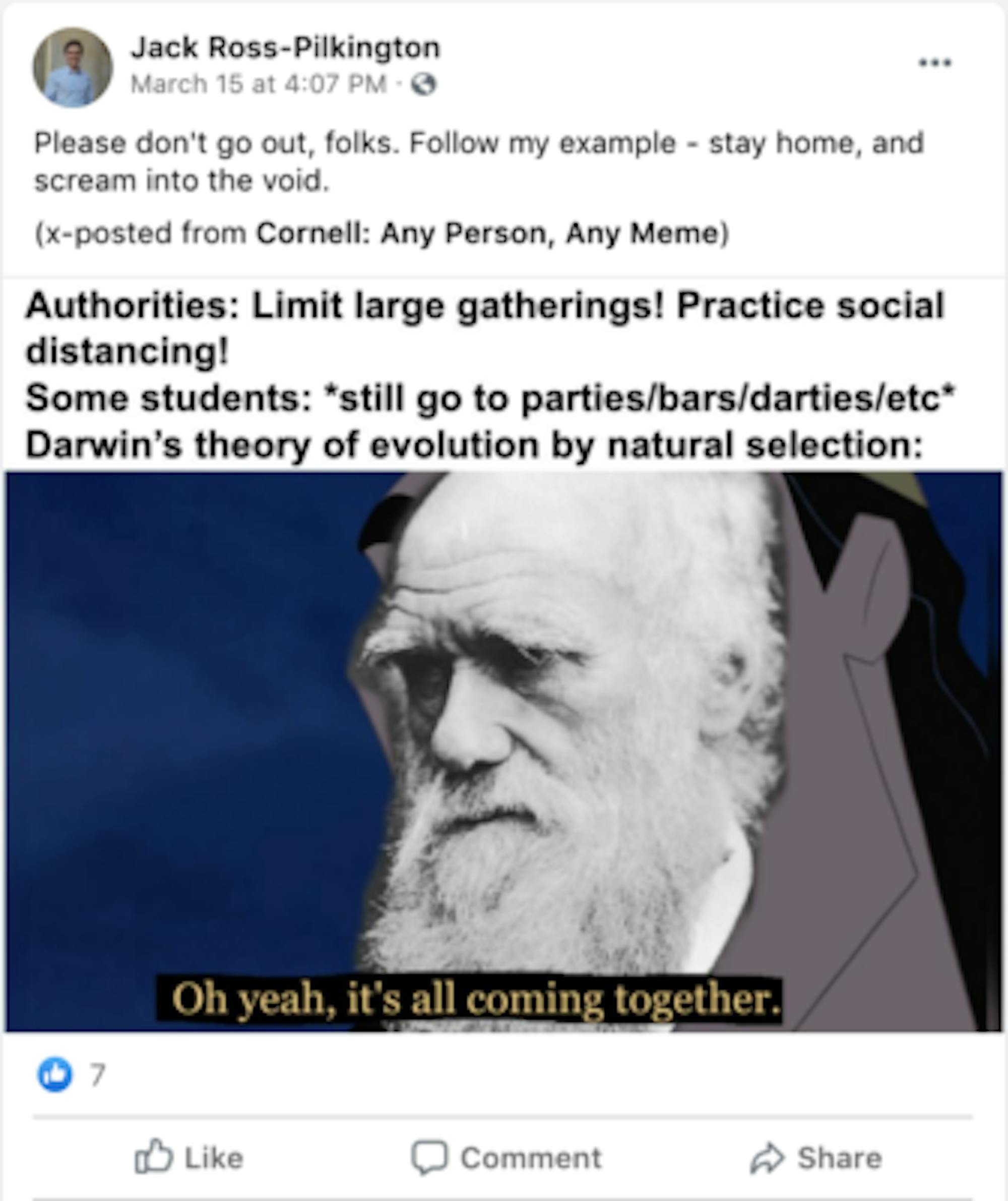 Ross-Pilkington's meme aimed to poke fun at those ignoring social distancing guidelines.