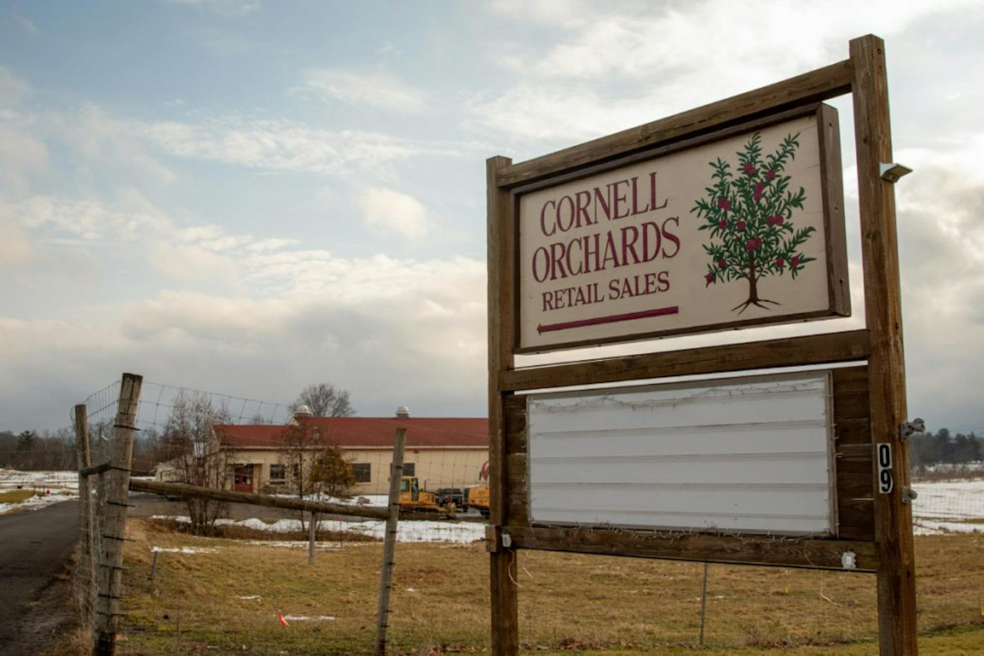 The Cornell Orchards' event board stands empty on Wednesday. Citing financial concerns, Cornell Orchards closed its popular retail store on Jan. 31. (Hannah Rosenberg/Sun Assistant Photography Editor)