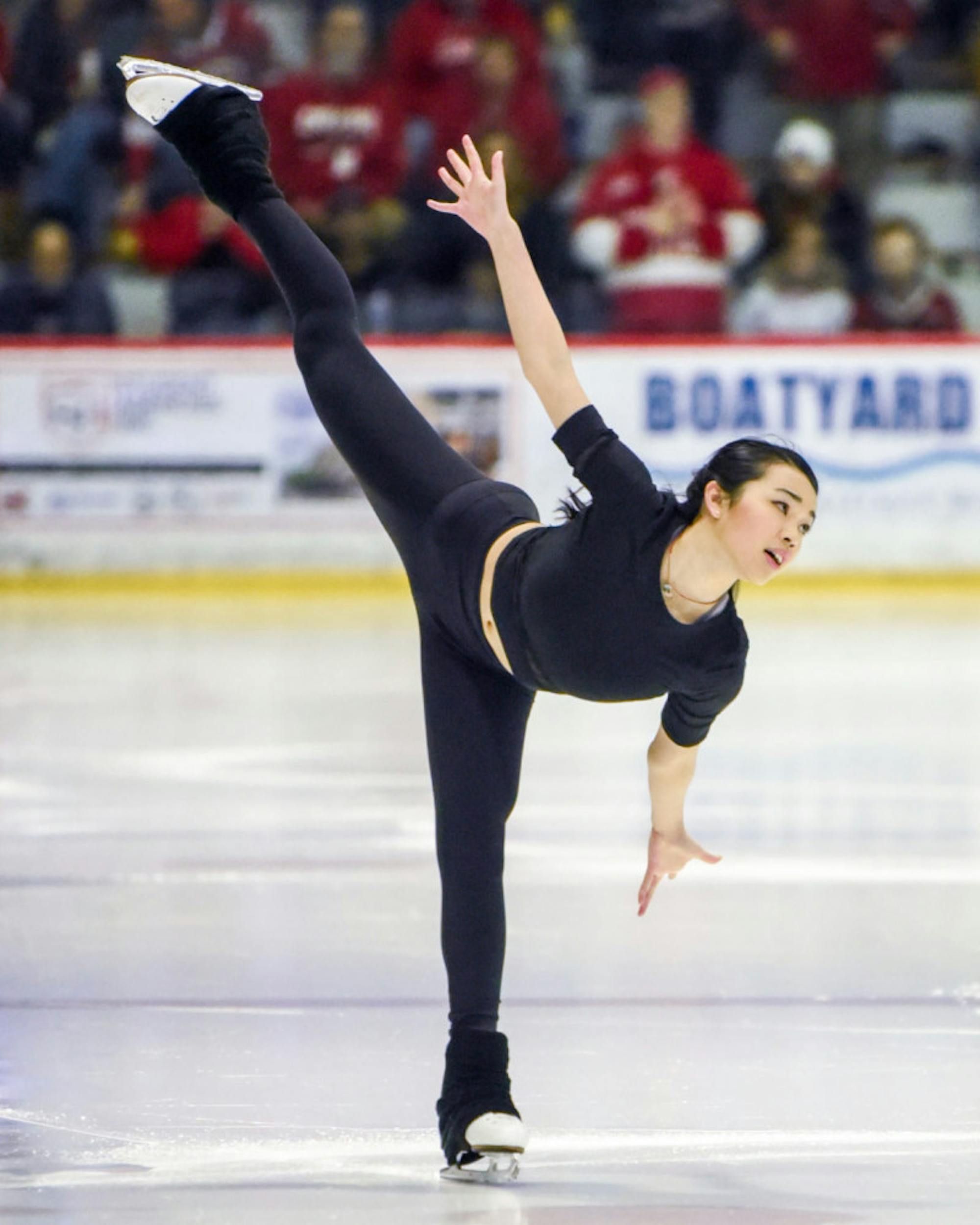 On Saturday, Karen Chen '23 dazzles the crowd during her intermission performance at the men's hockey game against St. Lawrence. (Boris Tsang/Sun Photography Editor)