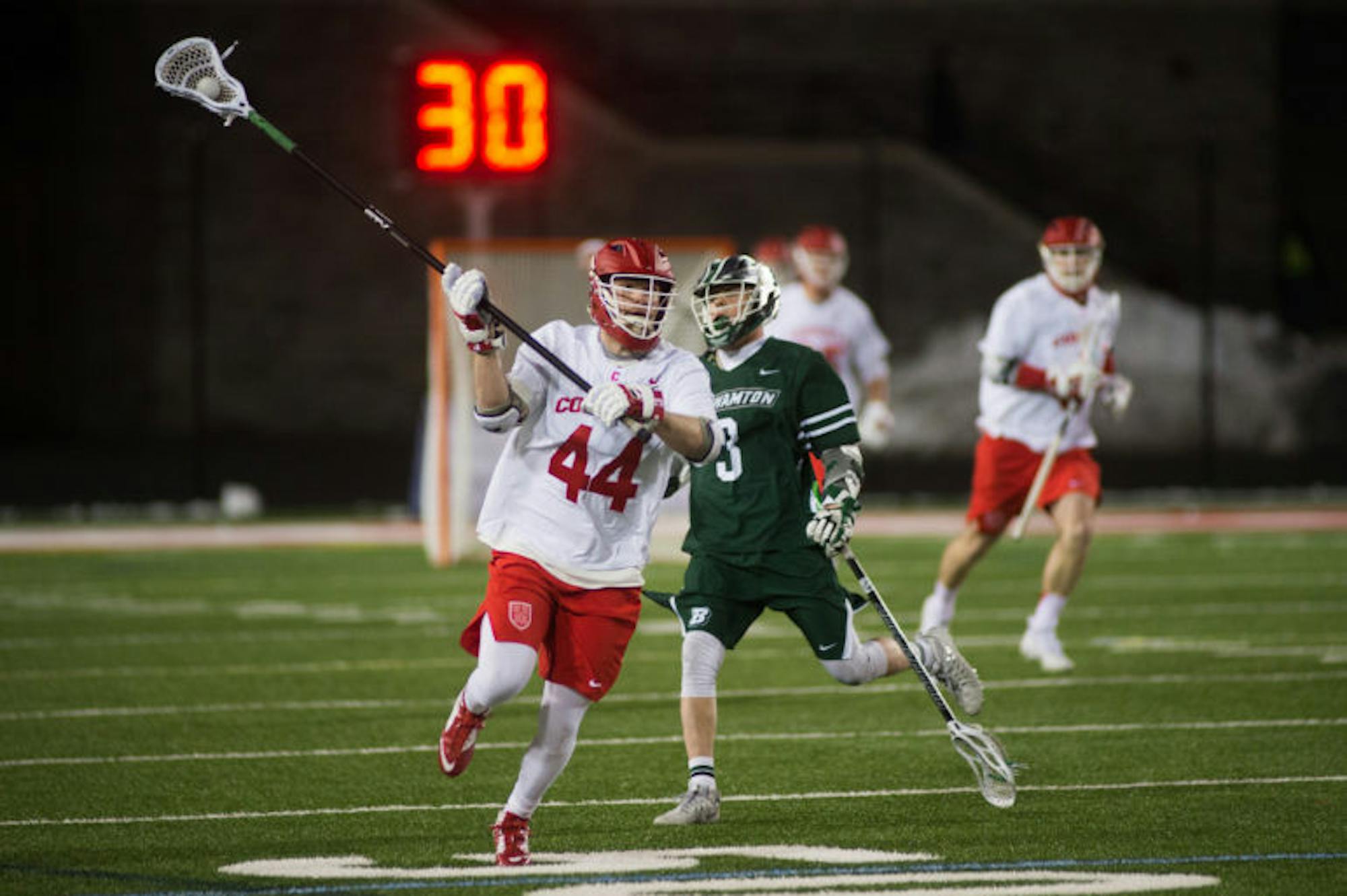 A strong performance on Monday night earned the men's lacrosse team a dominating 18-2 victory over Binghamton.