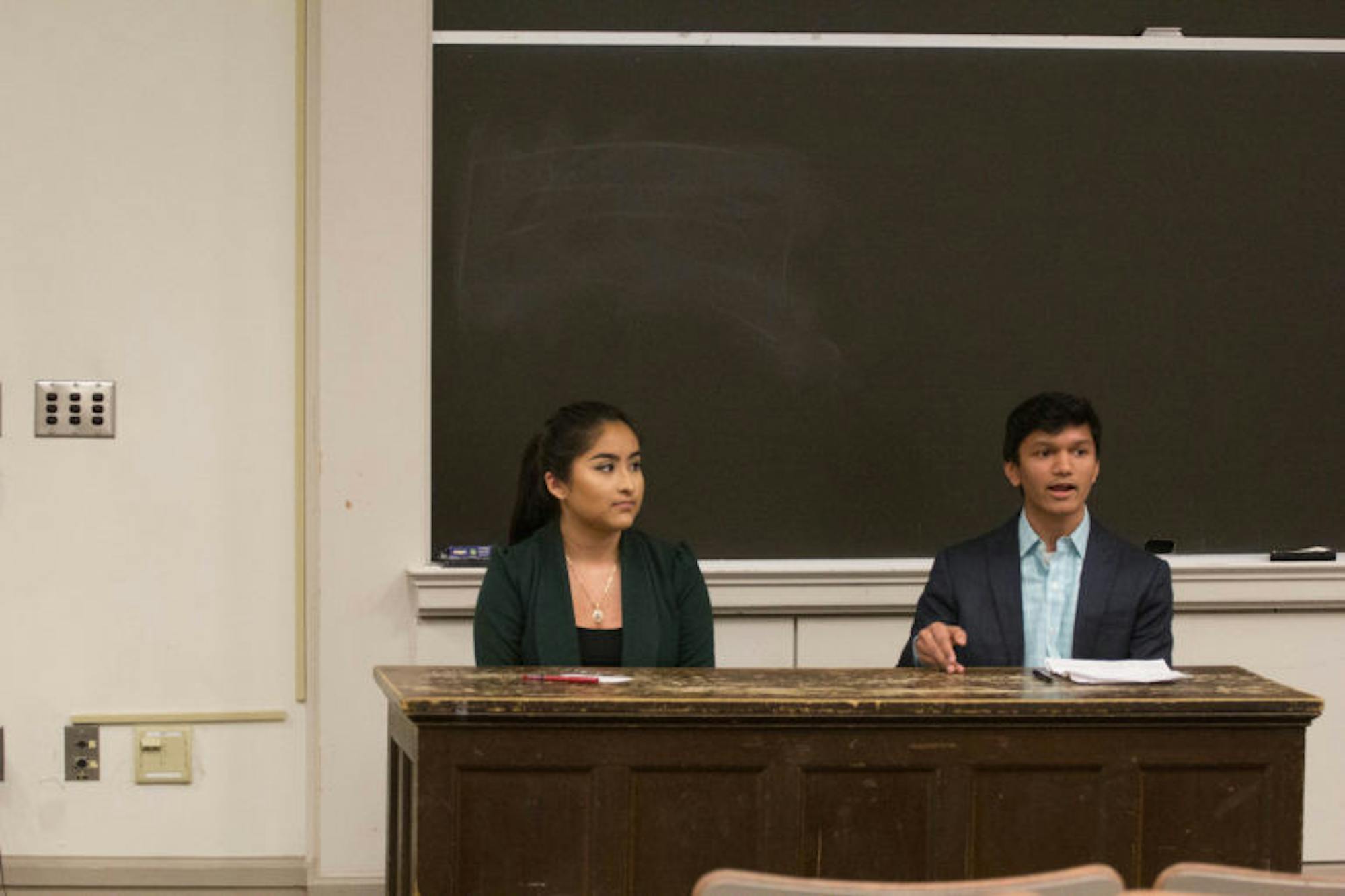 Student Assembly EVP candidates Maya Valadez '18 (left) and Varun Devatha '19 (right).