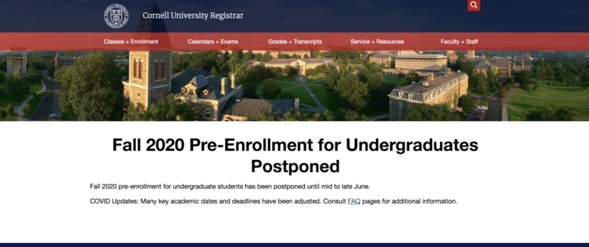 A screenshot of Cornell's web page regarding pre-enrollment for the fall 2020 semester.