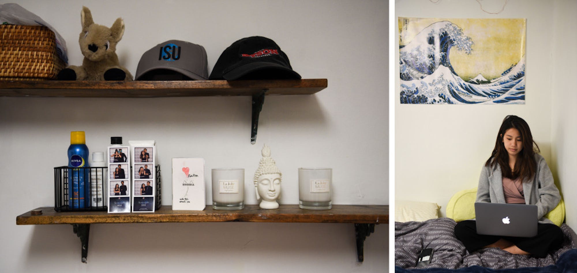Pia Bocanegra '19, of Manila, Philippines, in her apartment. Pictured left: a hat with logo of the International Student Union and a statue of Buddha.