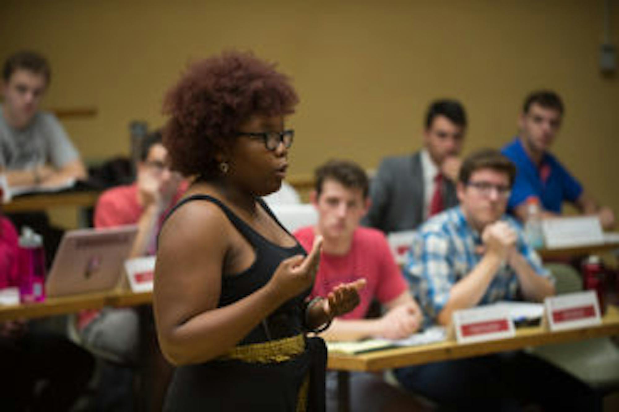 One of BSU's political action chairs speaks during a community portion of the S.A. meeting.