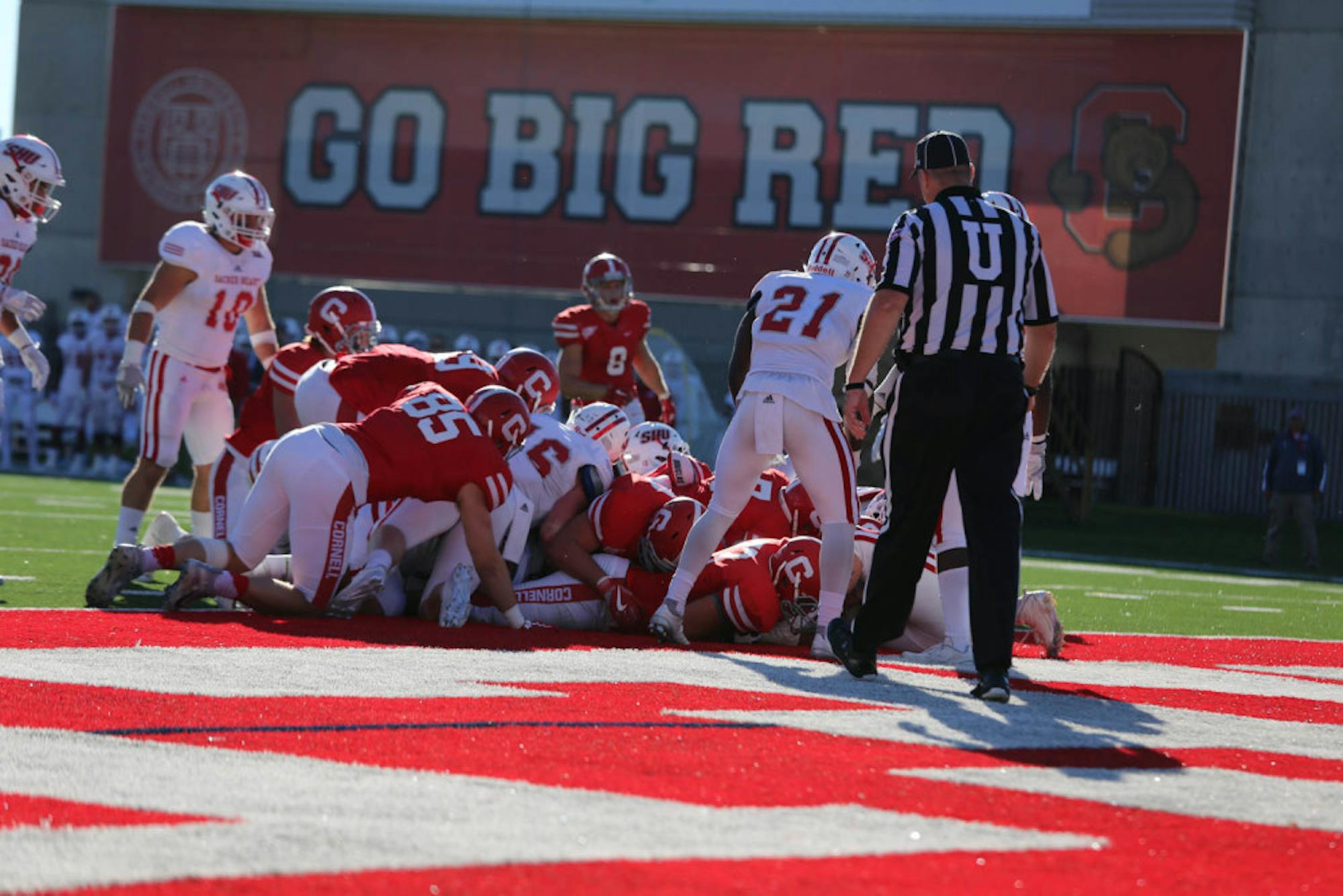 Sophomore quarterback Dalton banks finds the endzone with the quarterback sneak.