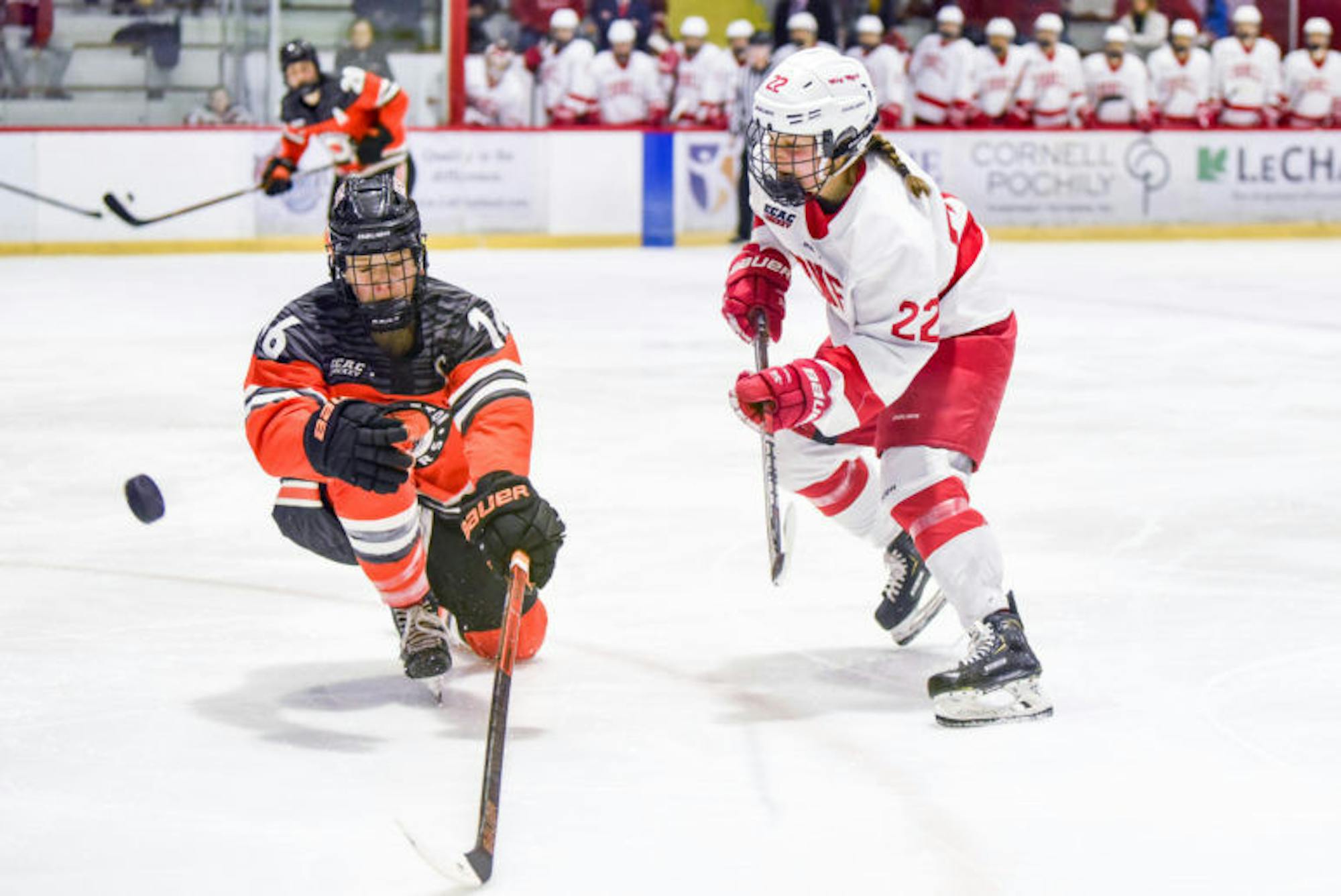 Junior forward Maddie Mills fights for the puck at the ECAC championship game against Princeton on Sunday. (Boris Tsang/Sun Photography Editor)