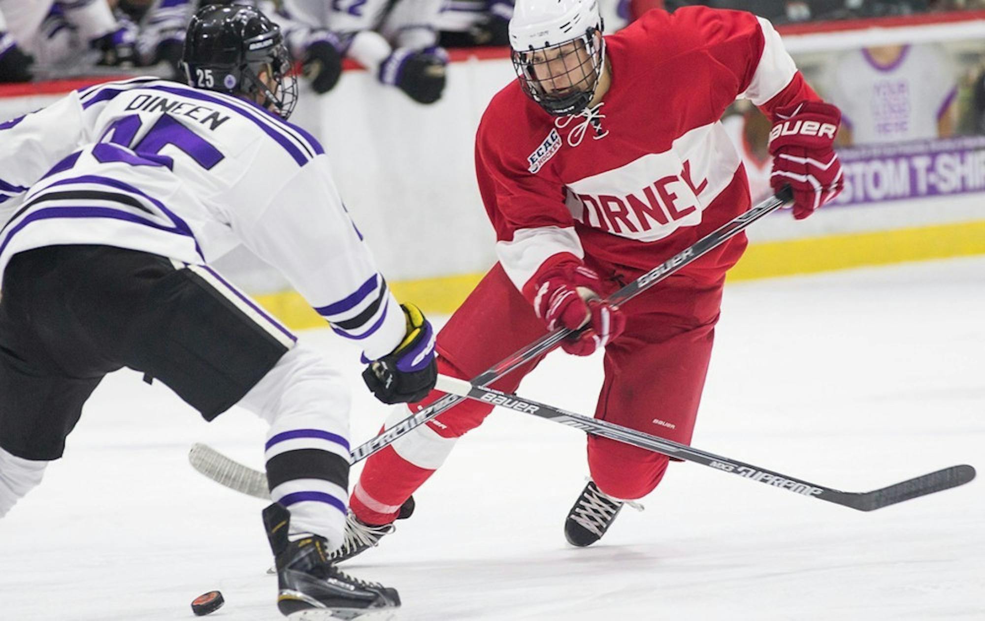 Freshman forward Anthony Angello score the game-winning goal in Saturday's overtime win over Colgate. (Courtesy of Cornell Athletics)