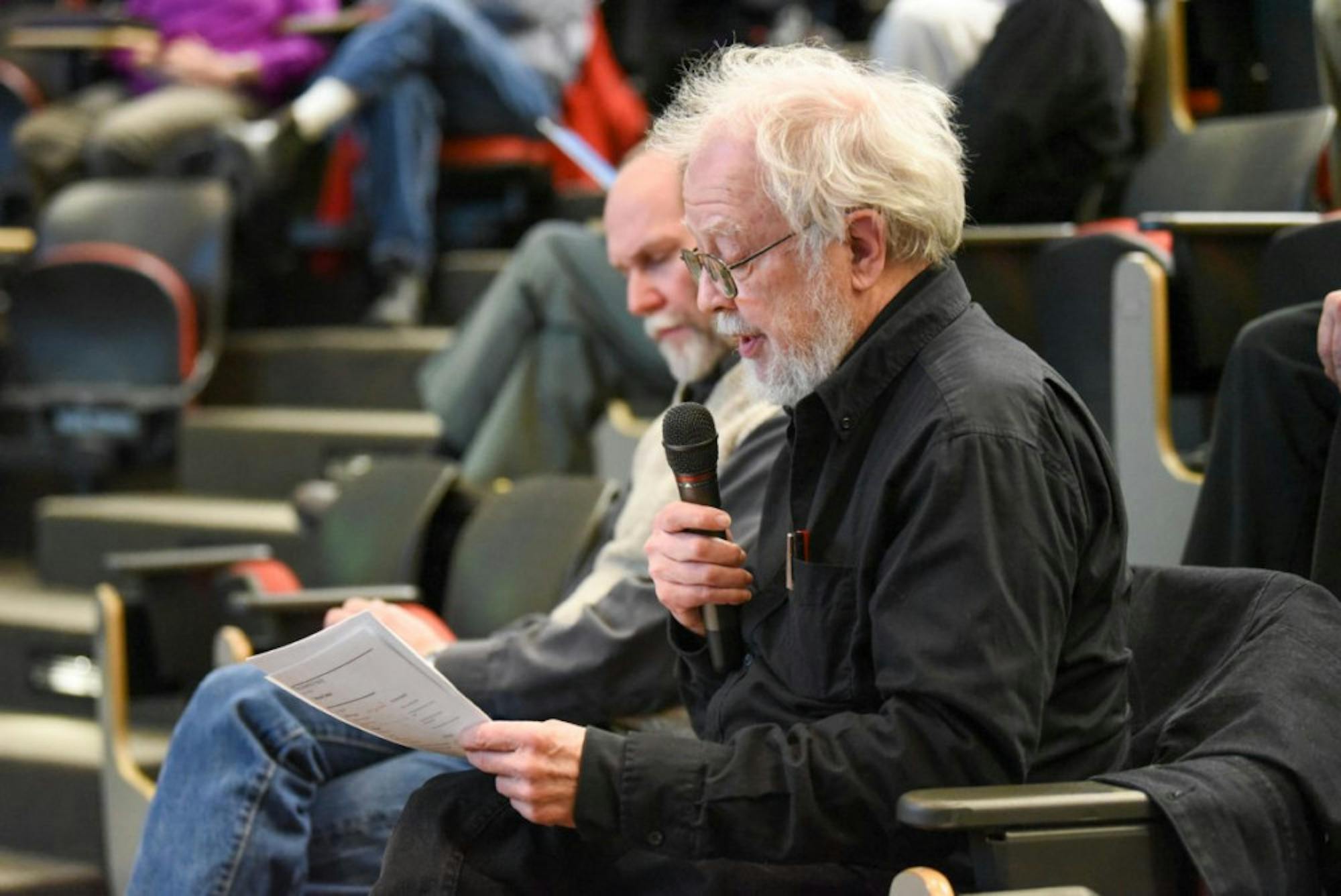 Prof. Richard Bensel, government, read from portions of a Sun article at the Faculty Senate meeting on Feb. 14, 2018.