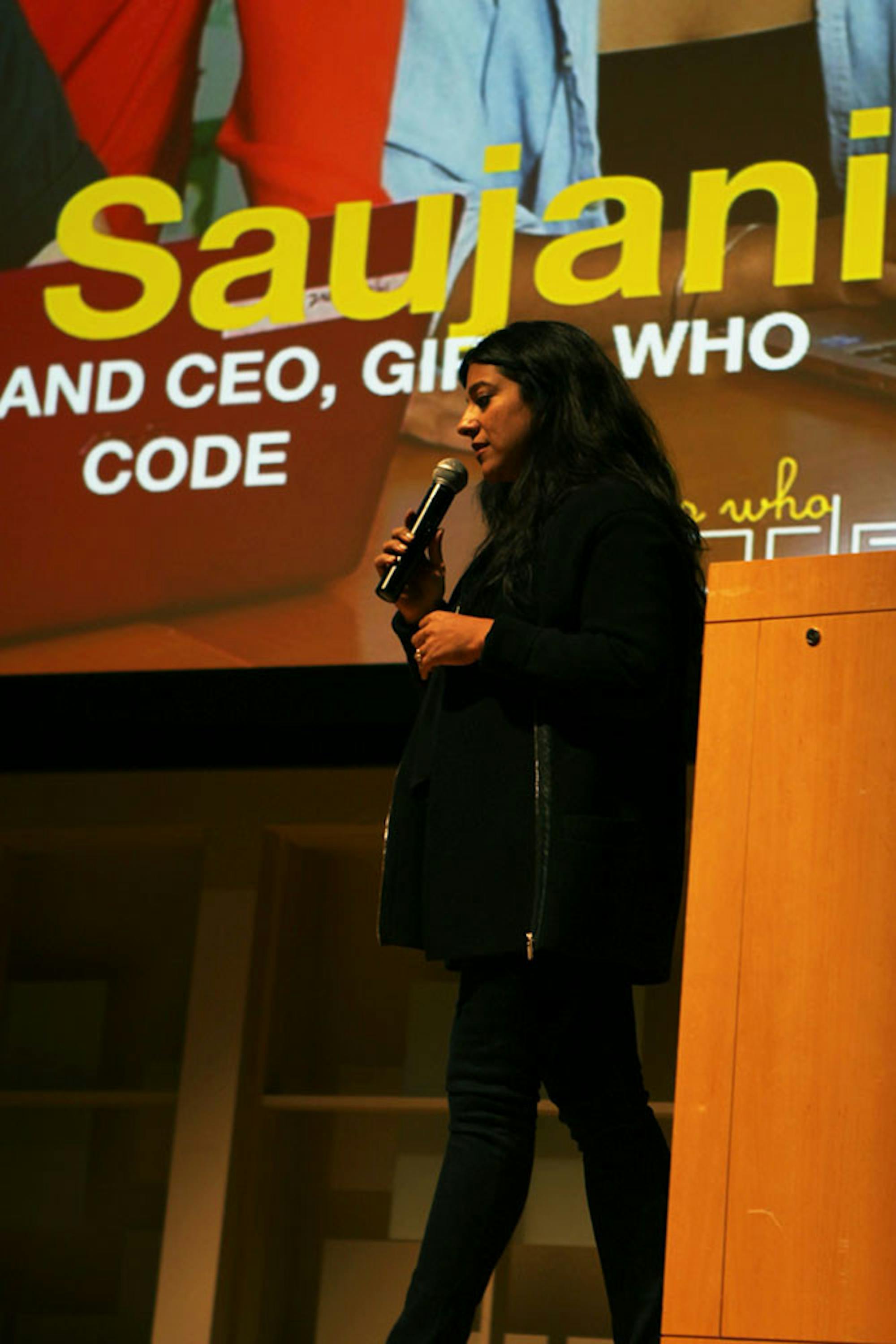 Reshma Saujani talks about the importance of women pursuing STEM careers in Statler Auditorium Wednesday.