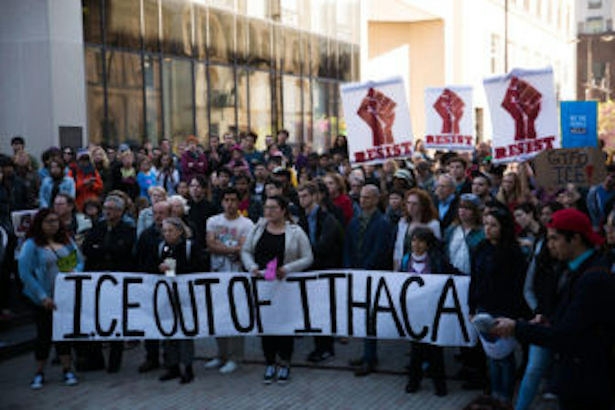 More than 300 residents, Cornell students and local officials rallied at the Bernie Milton Pavilion in downtown Ithaca on Wednesday, the day after U.S. Immigration and Customs Enforcement officers arrested a man who they said is in the country illegally.