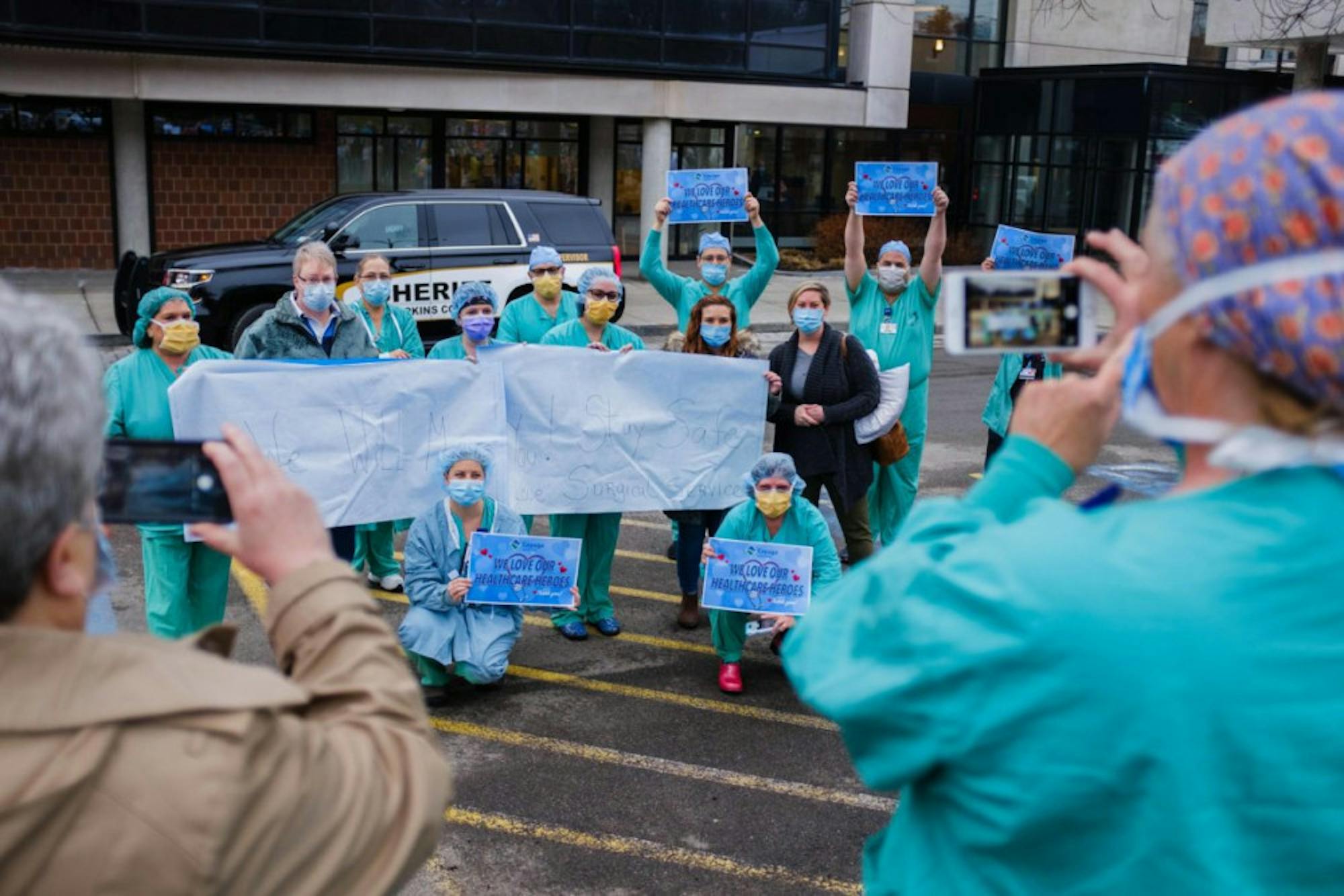 Members of the community gathered at Cayuga Medical Center on Wednesday, April 9, in a send off for health workers heading to New York Presbyterian Hospital to support COVID-19 efforts in New York City.