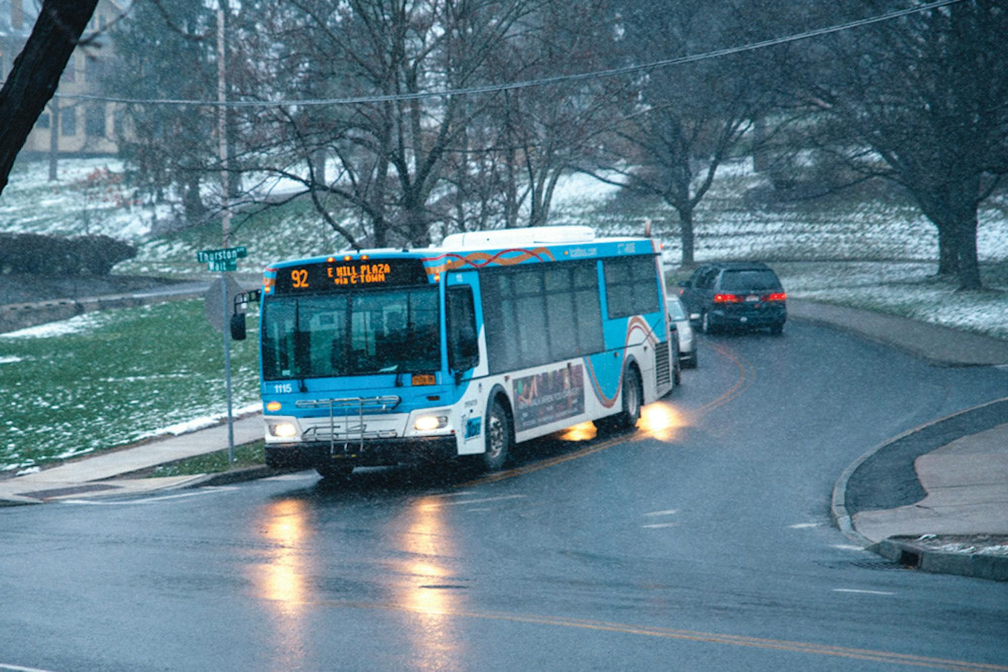 Some TCAT routes are on a snow detour today. Above, a TCAT bus is pictured in 2016