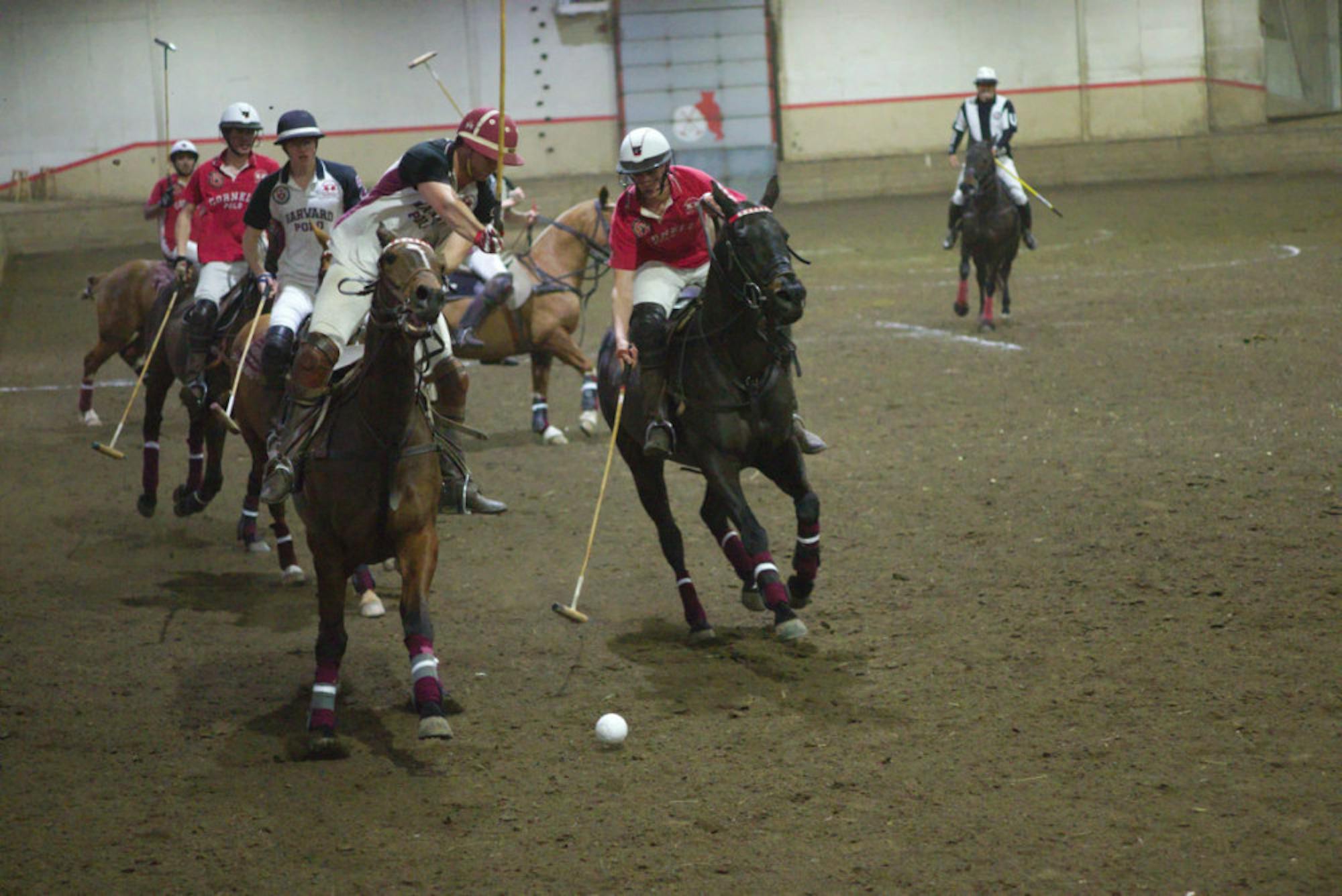 The Cornell men's polo team facing Harvard in a 2017 match in Ithaca.