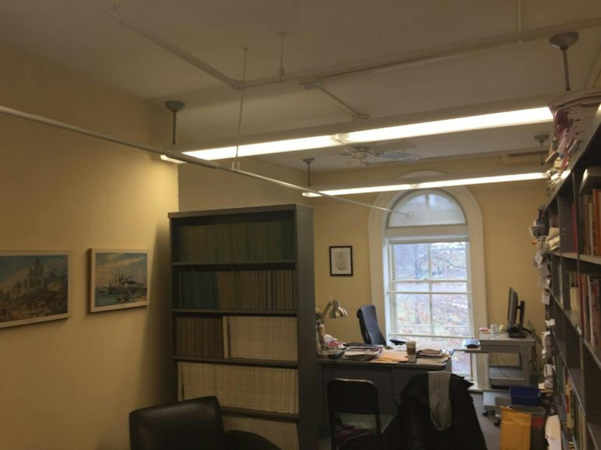 A bracing installed in 2011 running through the office of Prof. Ghosh in McGraw Hall.