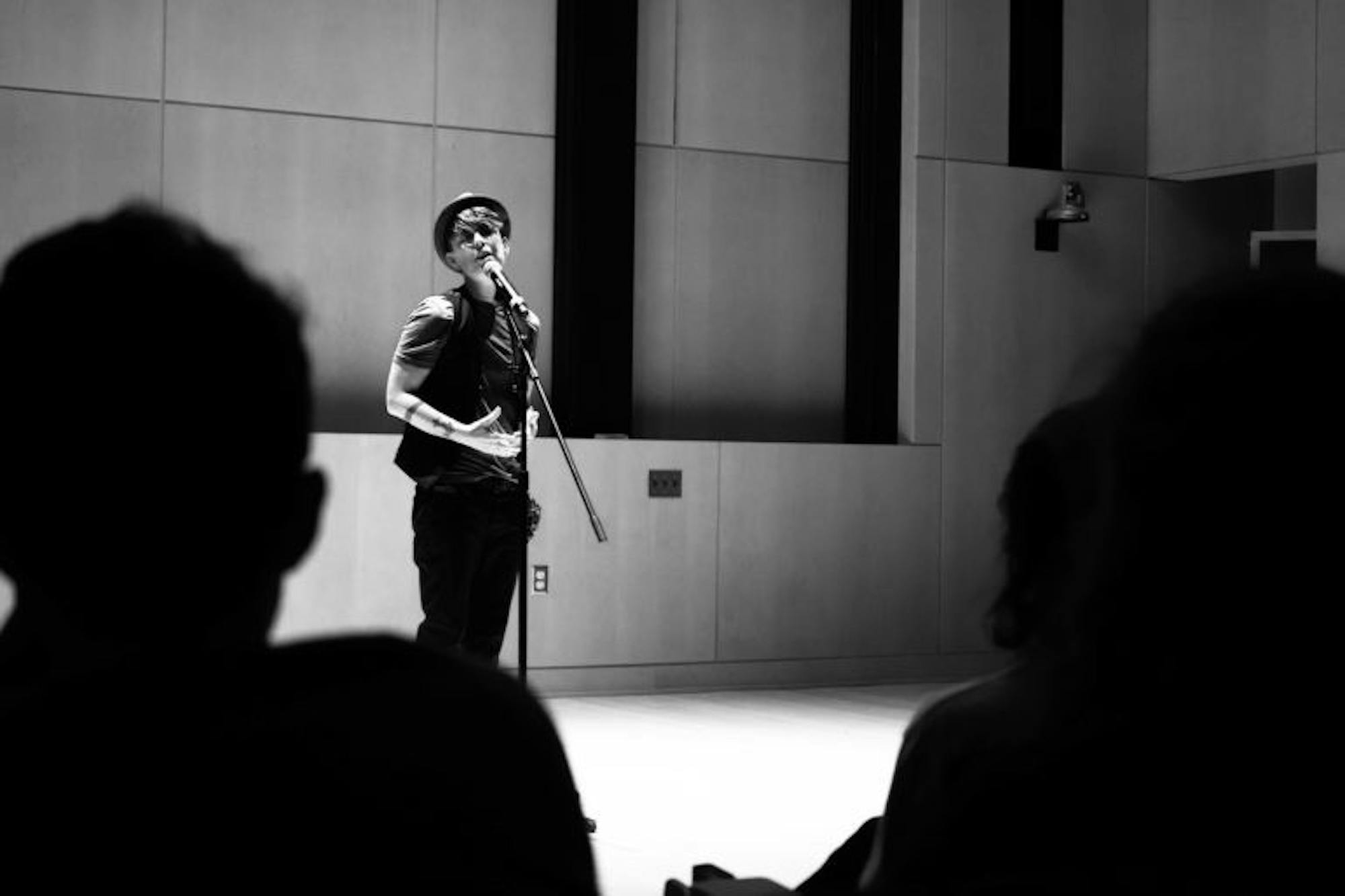 Poet and activitst Andrea Gibson performed at Klarman Hall on Friday. (Jing Jiang / Sun Staff Photographer)