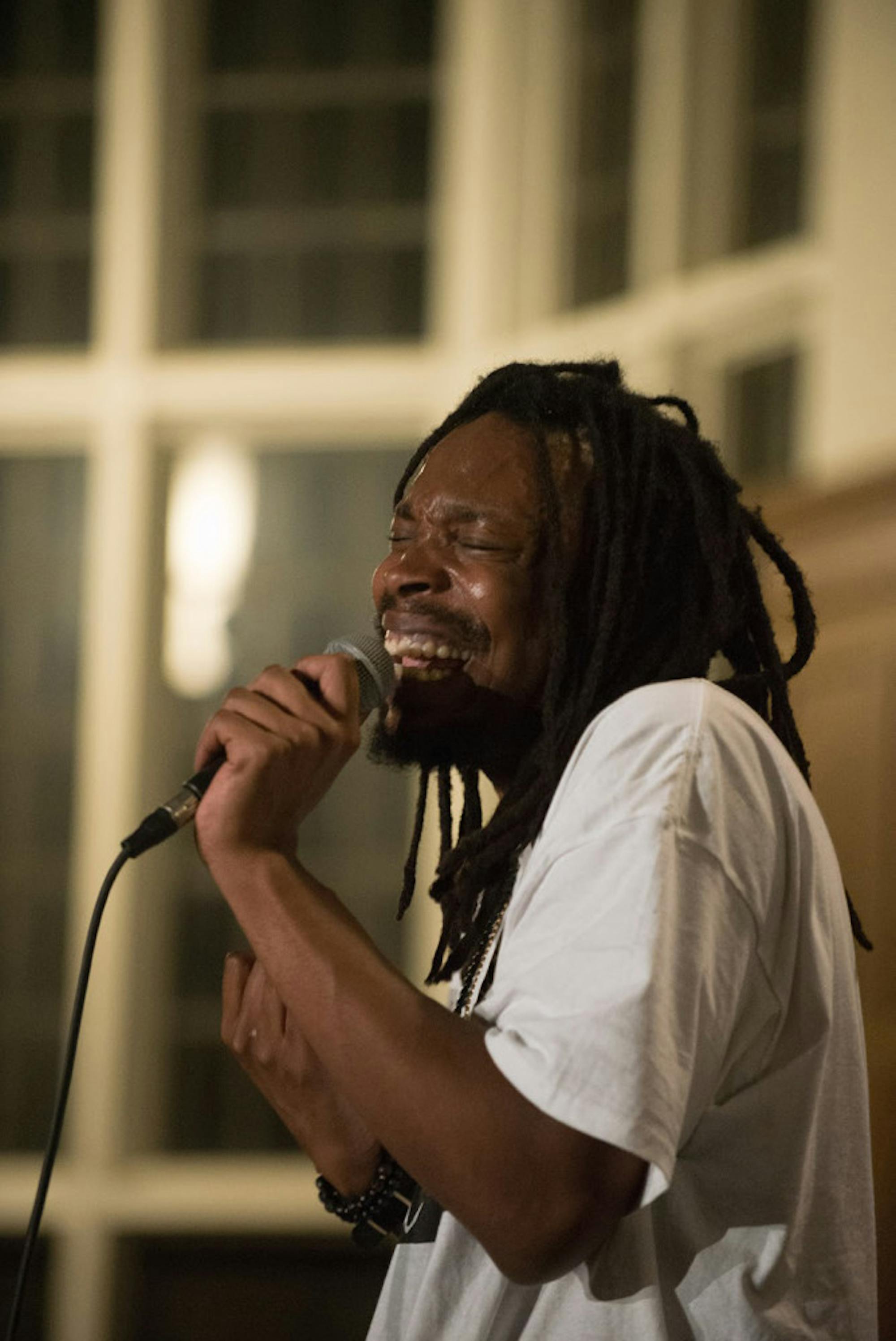 SadoSan, of rap collective 99 Sublime, performs in Risley Hall on Saturday night.