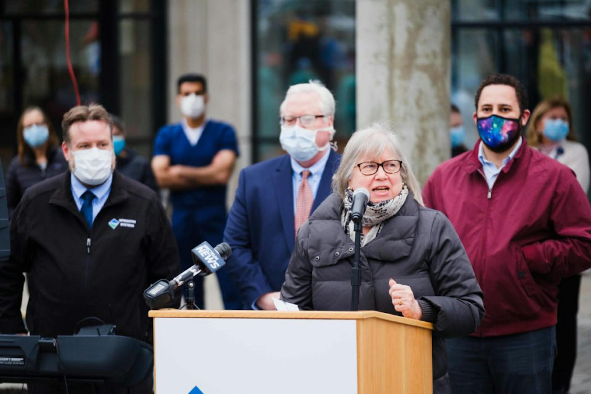 Members of the community gathered at Cayuga Medical Center on Wednesday, April 9, in a send off for health workers heading to New York Presbyterian Hospital to support COVID-19 efforts in New York City.